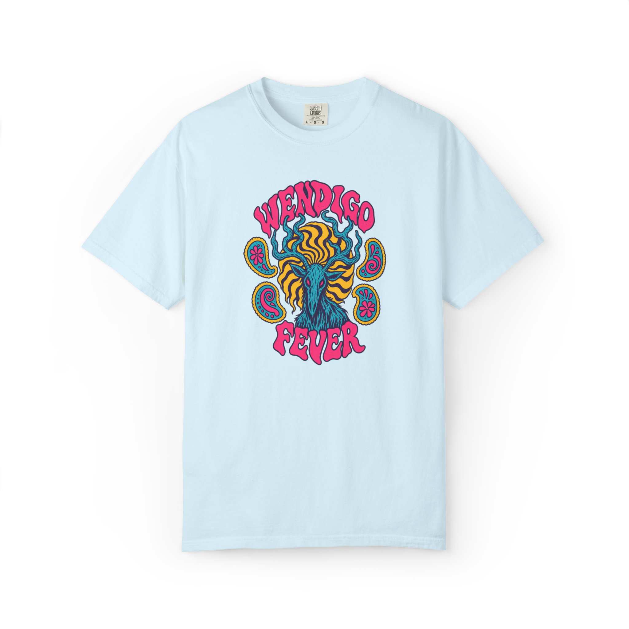 Light blue Wendigo t shirt with colorful psychedelic antlered creature artwork, paisley graphics, and pink Wendigo Fever text