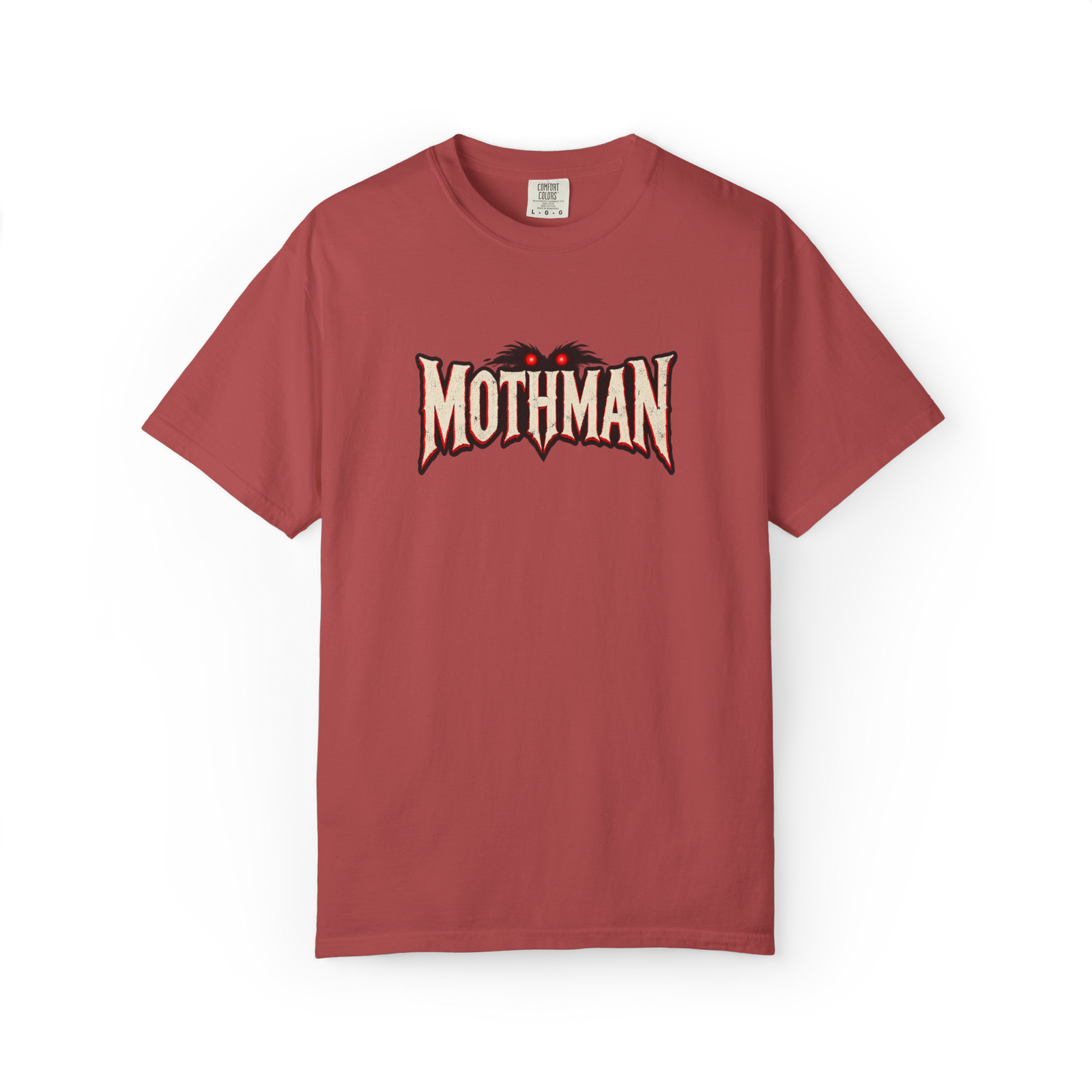 Red Mothman t shirt with cream horror-style MOTHMAN lettering and glowing red eyes above the wordmark