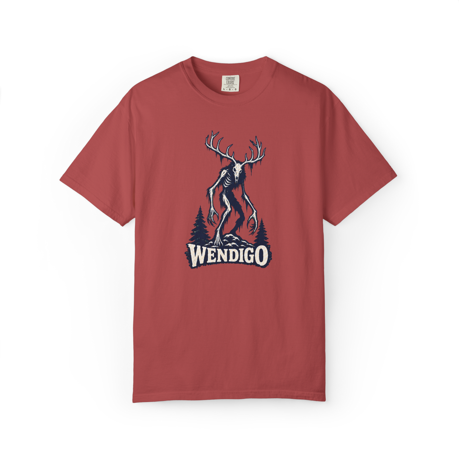Coral red Wendigo t shirt with an antlered skeletal creature, dark pine trees, and bold Wendigo text