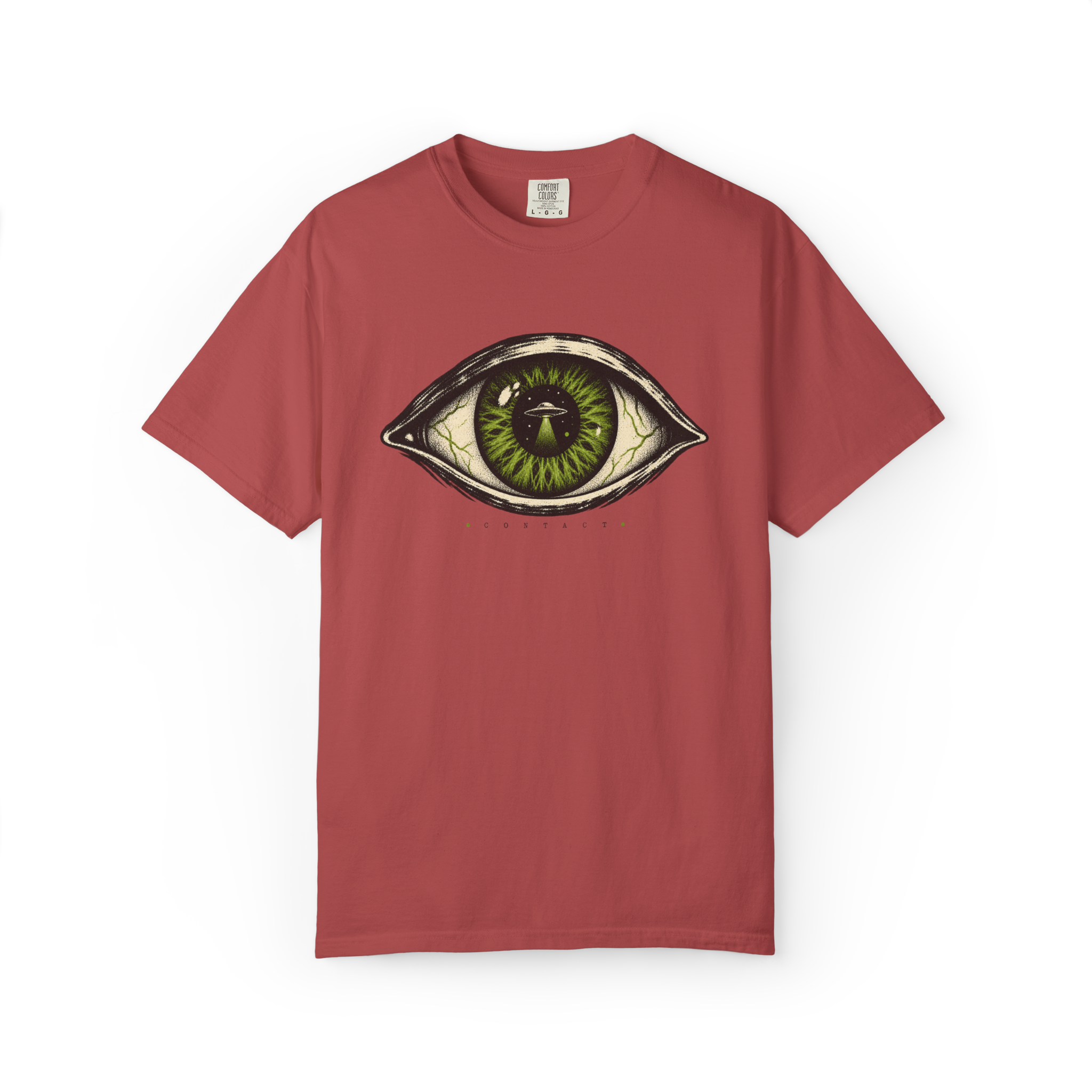 Crimson UFO t shirt featuring a detailed green eye with a flying saucer reflected in the pupil and Contact text