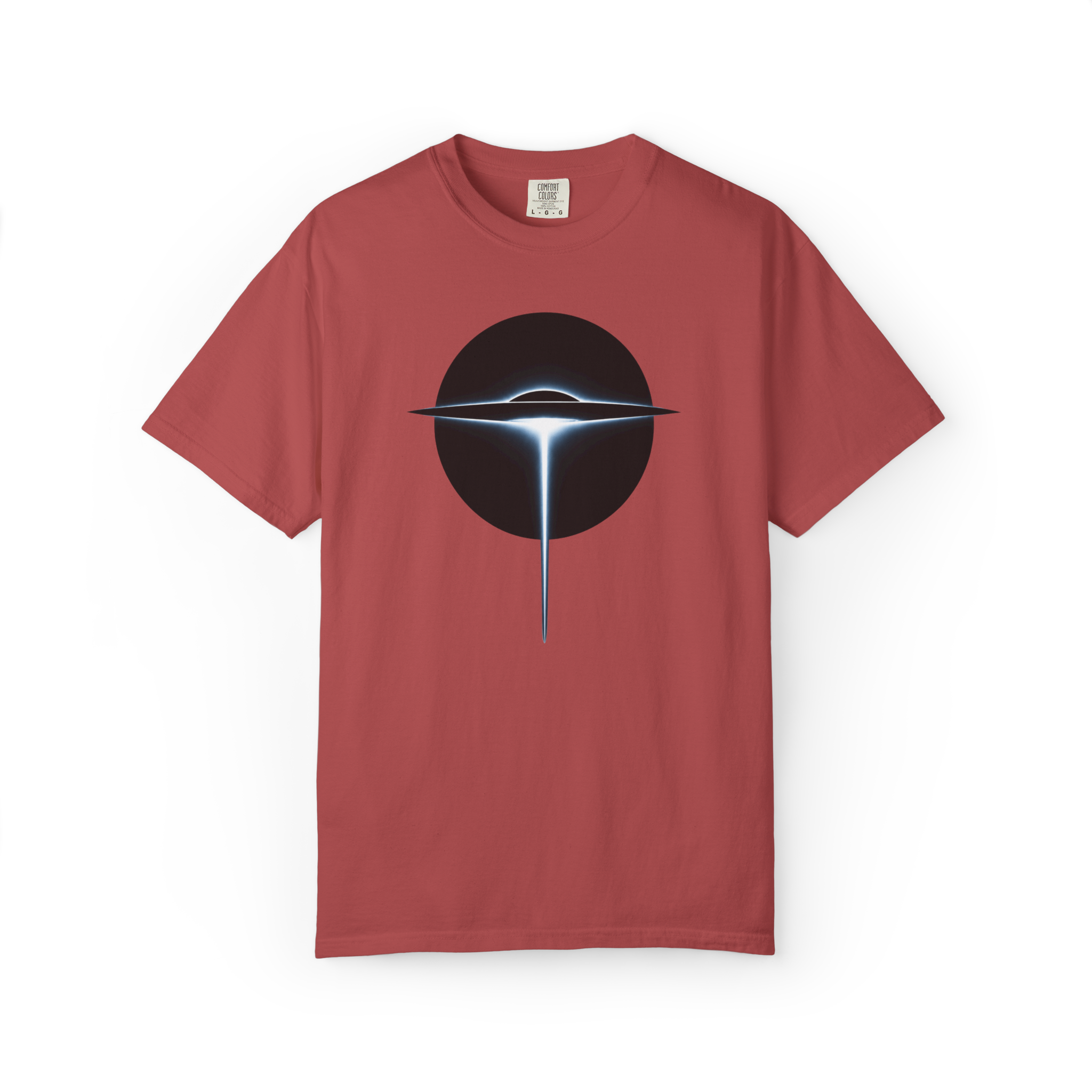Crimson UFO shirt featuring a dark flying saucer with a glowing white blue light beam against a black circular background