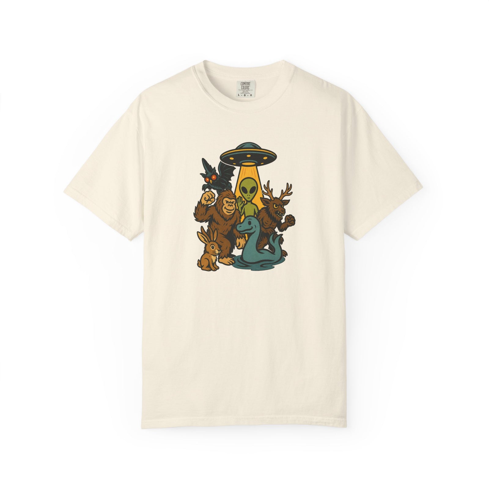 Retro cryptid squad T-shirt with Bigfoot Mothman alien Nessie and paranormal creatures