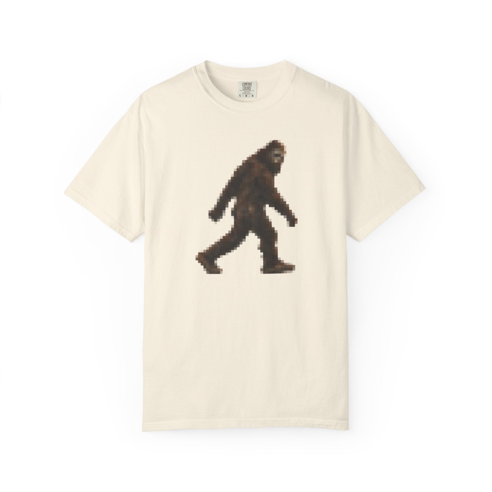 Blurry Bigfoot footage T-shirt with pixelated Sasquatch silhouette