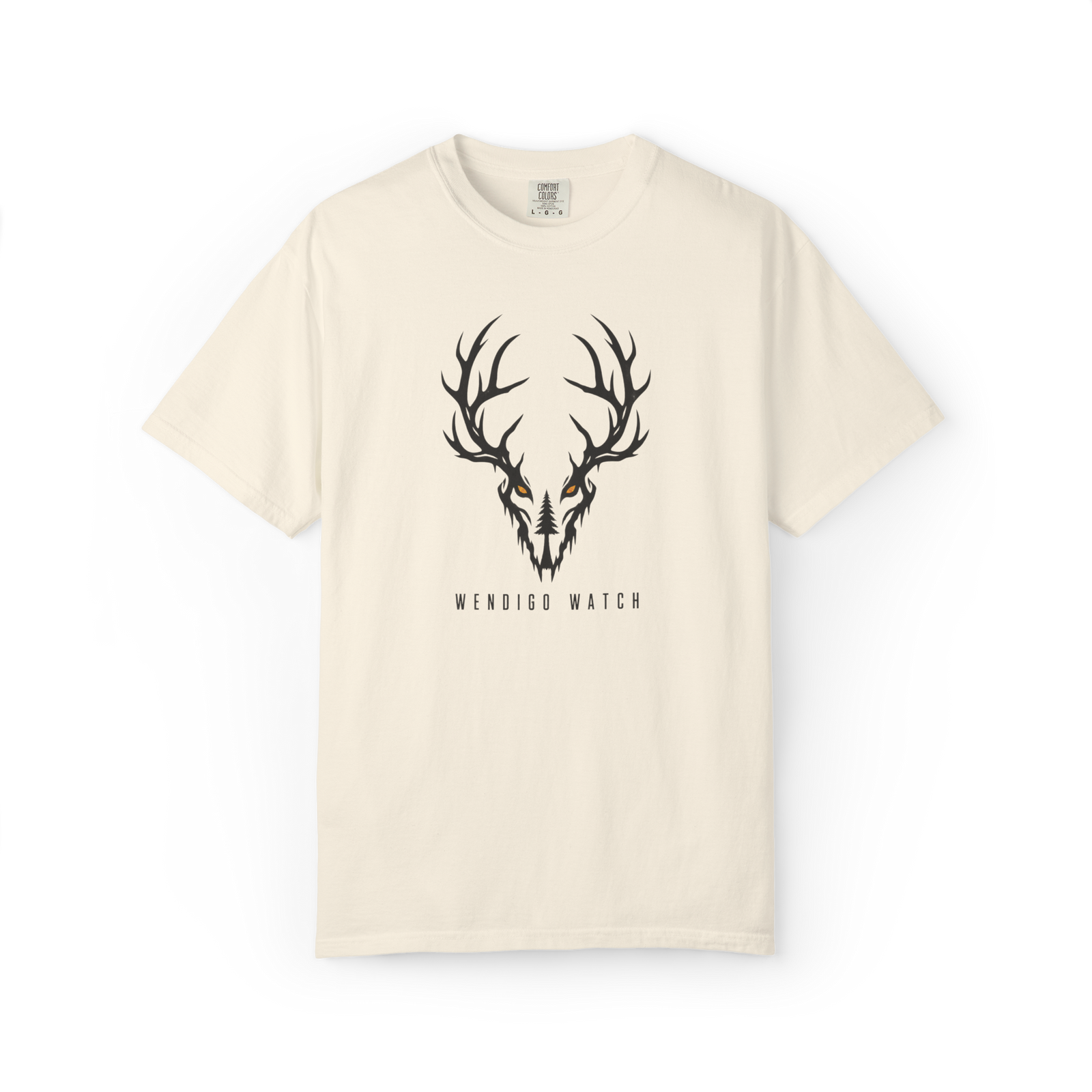 White t-shirt featuring a minimal antlered Wendigo skull design with glowing eyes and the text “Wendigo Watch.”
