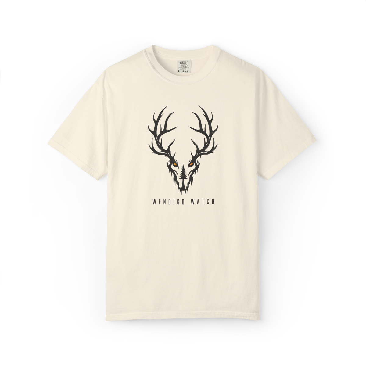 White t-shirt featuring a minimal antlered Wendigo skull design with glowing eyes and the text “Wendigo Watch.”