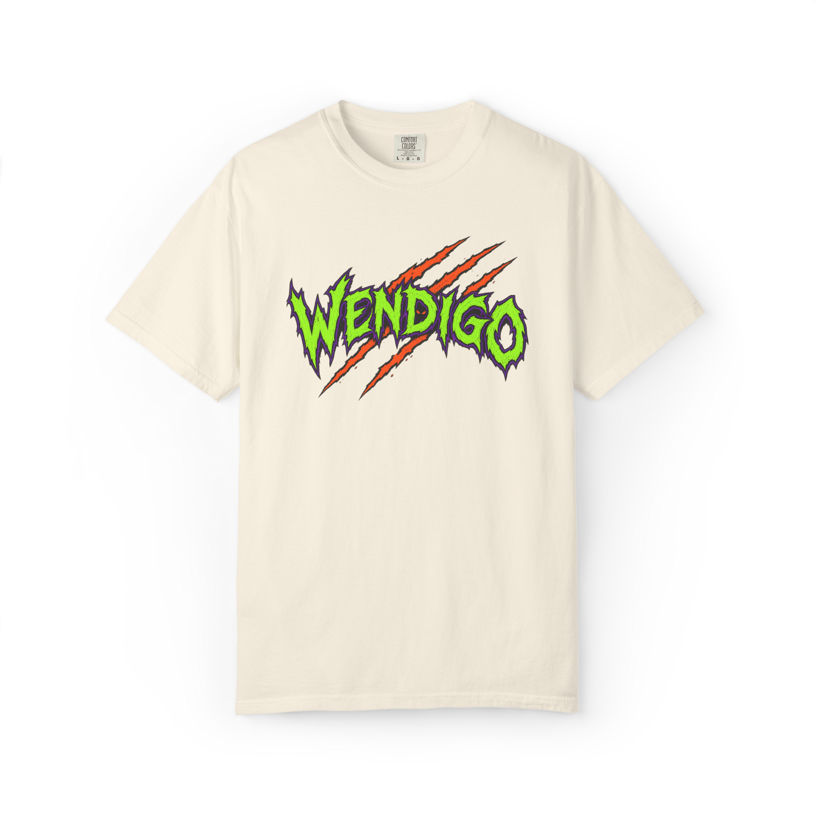 Ivory Wendigo t shirt with neon green and purple WENDIGO lettering and three orange claw marks across the graphic