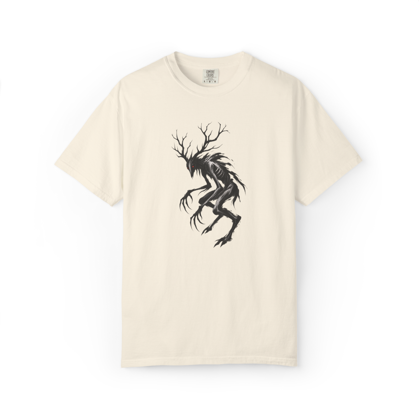 Ivory Wendigo shirt featuring a shadowy black antlered creature with long claws, exposed ribs, and a glowing red eye