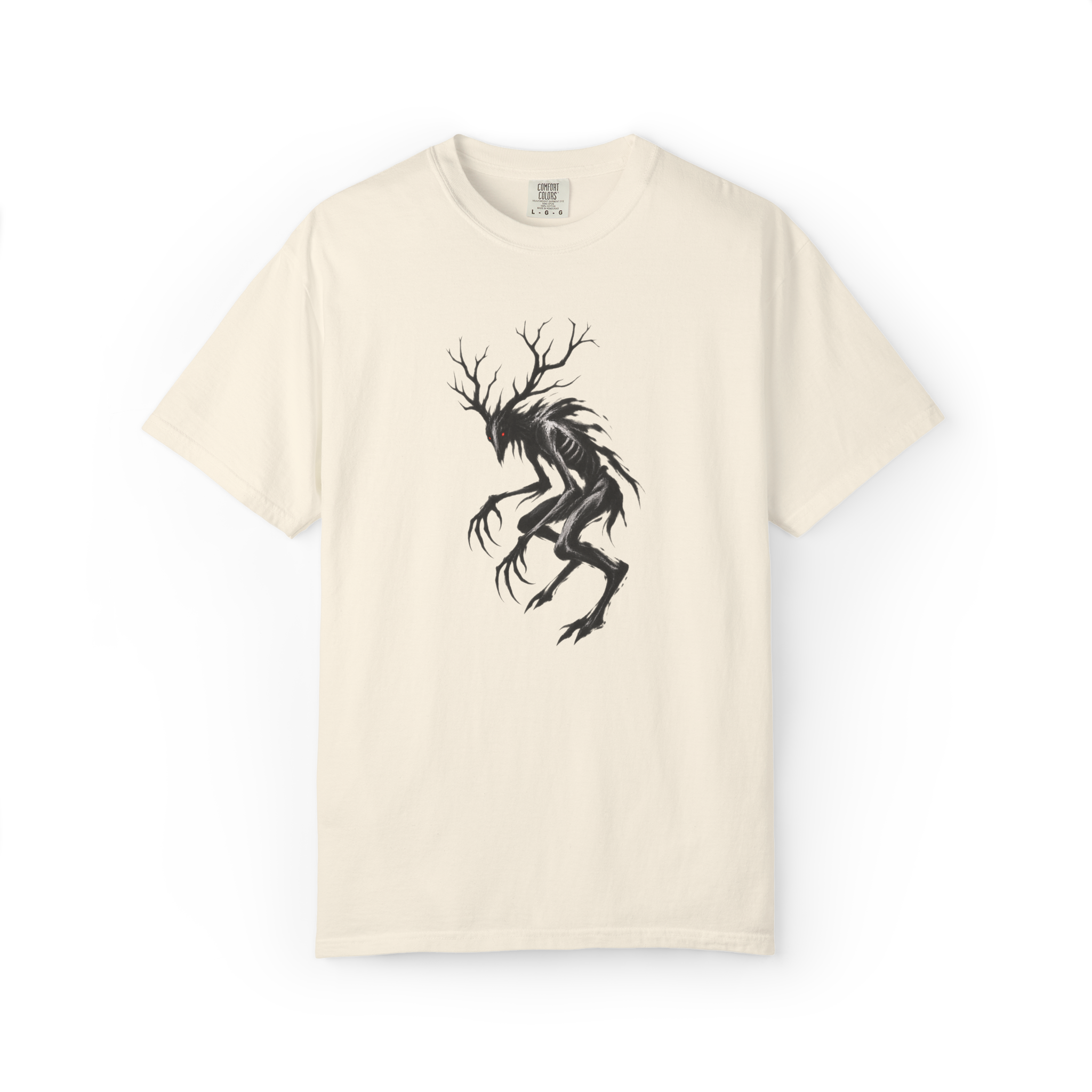 Ivory Wendigo shirt featuring a shadowy black antlered creature with long claws, exposed ribs, and a glowing red eye