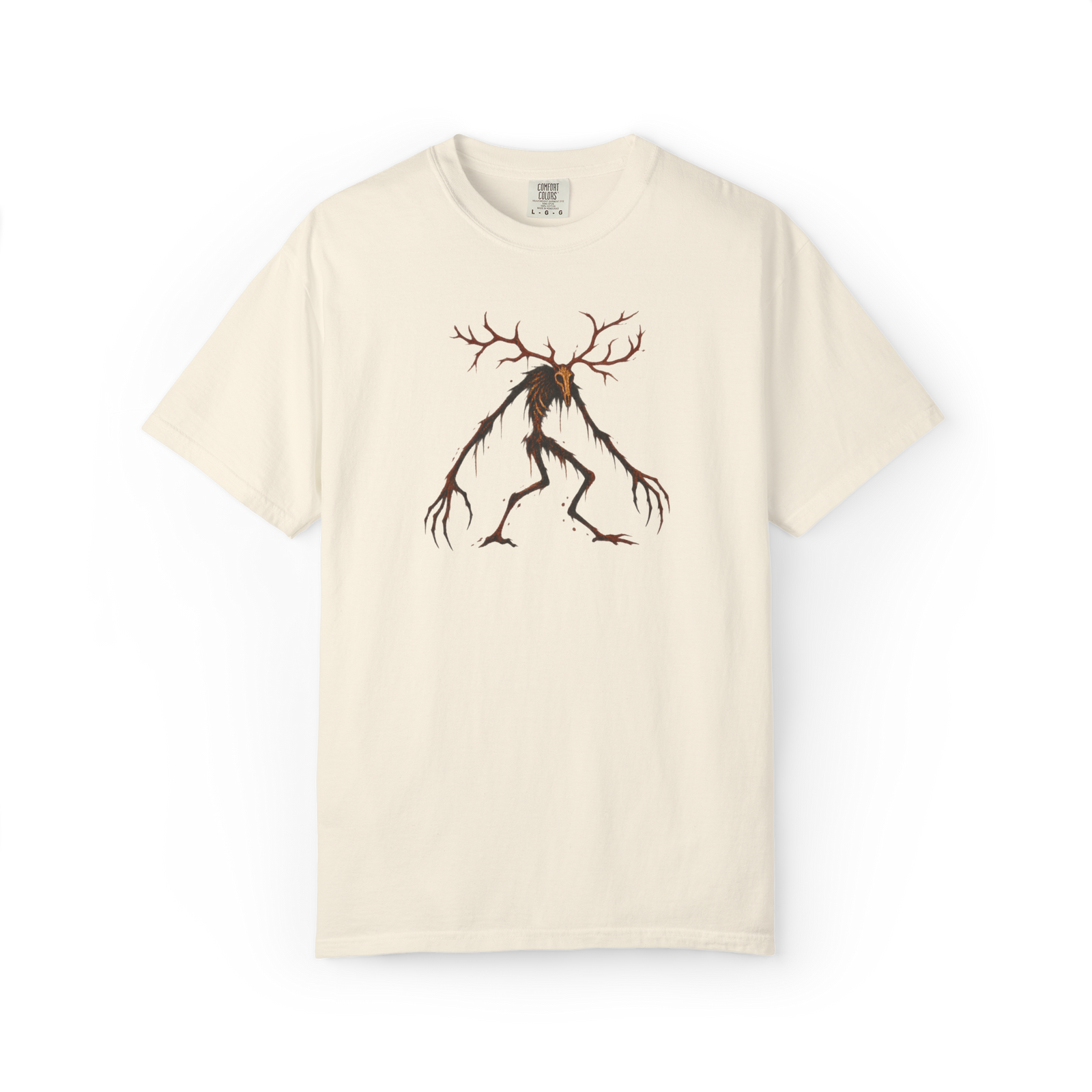 Ivory Wendigo t shirt featuring a thin antlered creature with extremely long arms, sharp claws, and dark brown horror-style artwork