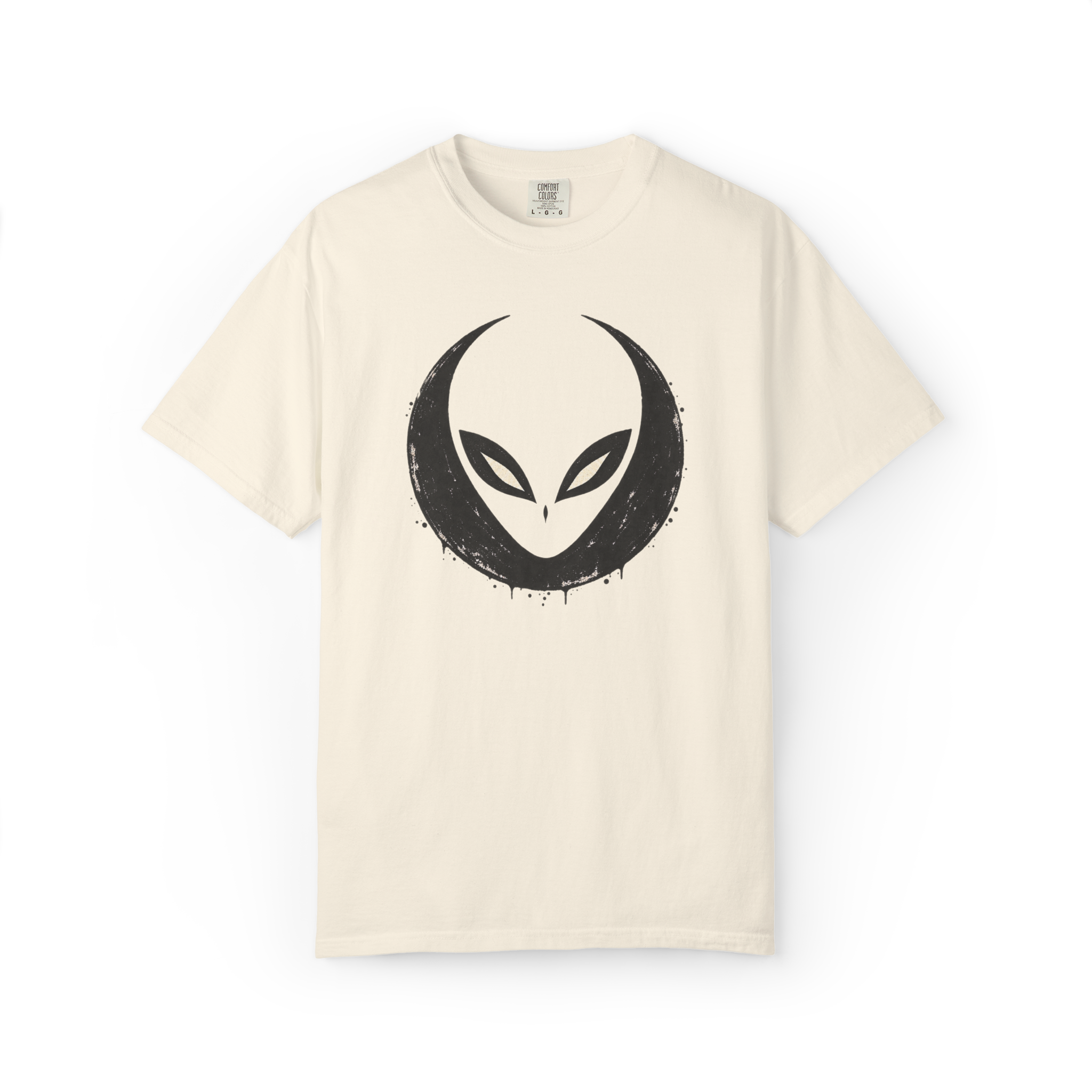 Ivory alien t shirt featuring a minimalist black extraterrestrial head with large eyes inside a distressed circular graphic
