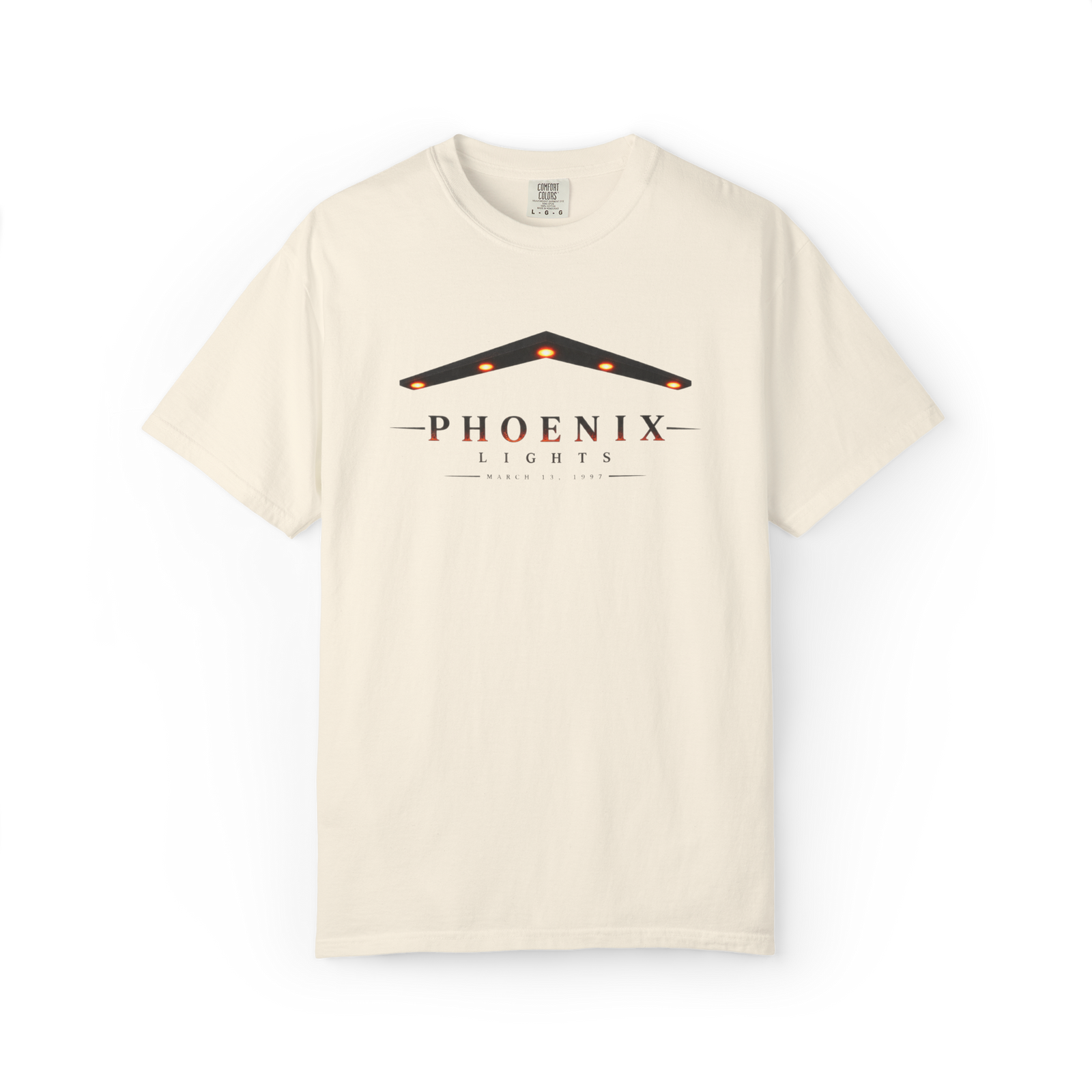 Ivory Phoenix Lights 1997 T-shirt with V-shaped Arizona UFO lights graphic