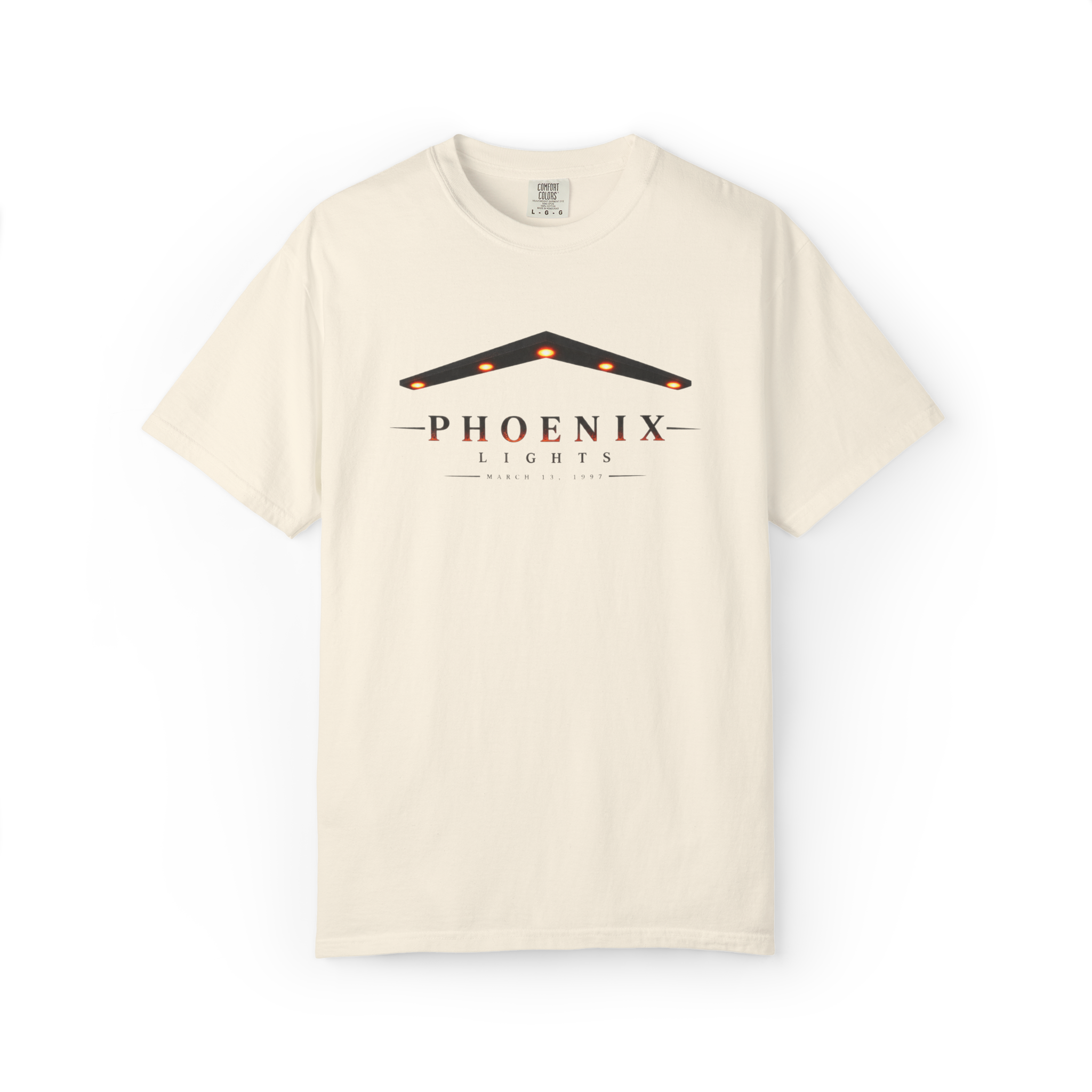 Ivory Phoenix Lights 1997 T-shirt with V-shaped Arizona UFO lights graphic