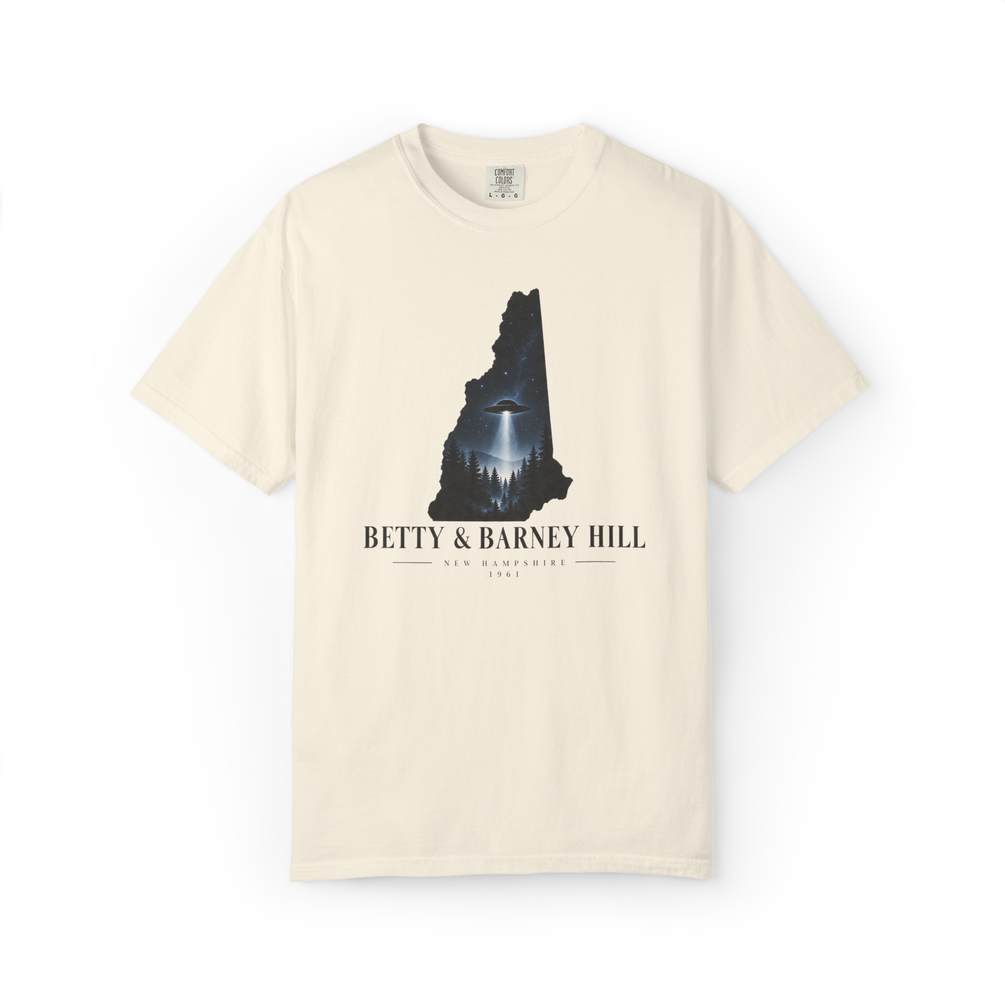 White Betty and Barney Hill New Hampshire 1961 UFO shirt featuring a state outline with a glowing UFO beam
