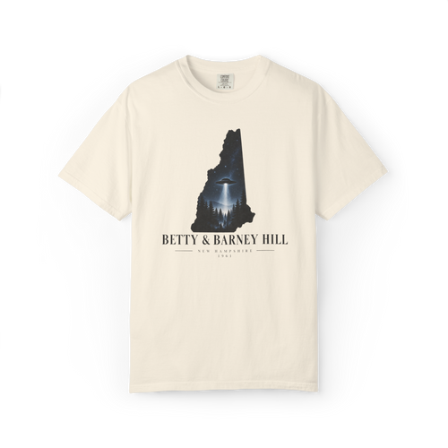White Betty and Barney Hill New Hampshire 1961 UFO shirt featuring a state outline with a glowing UFO beam