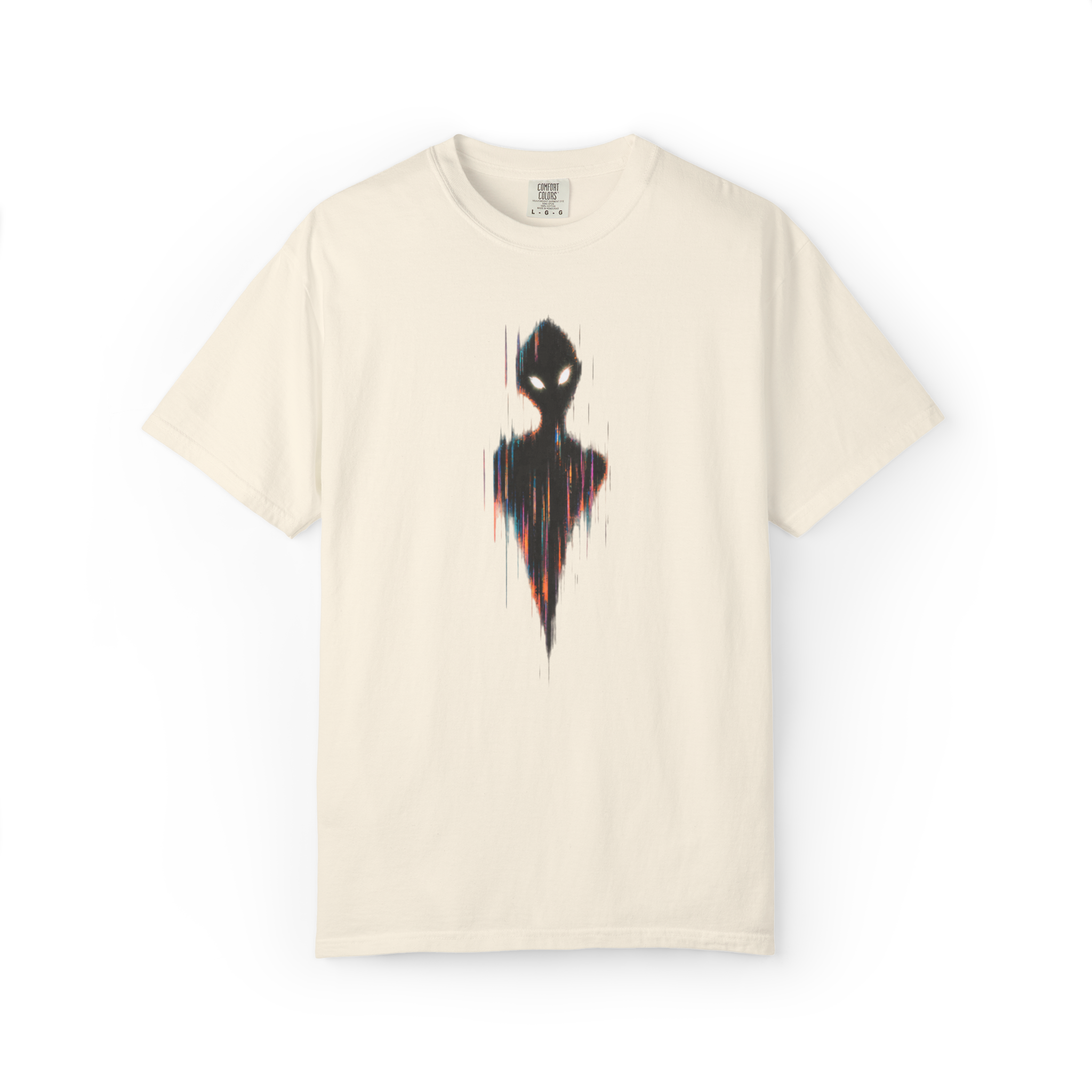 Ivory alien shirt featuring a dark extraterrestrial figure with glowing white eyes and red blue glitch distortion