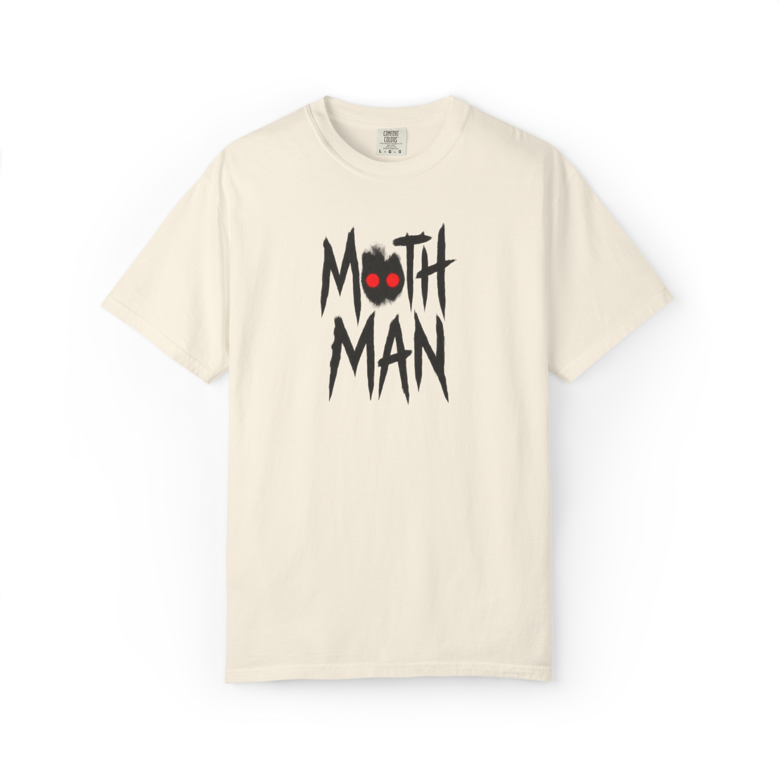 Cream Mothman t shirt with stacked black MOTH MAN lettering and red eyes inside the upper wordmark