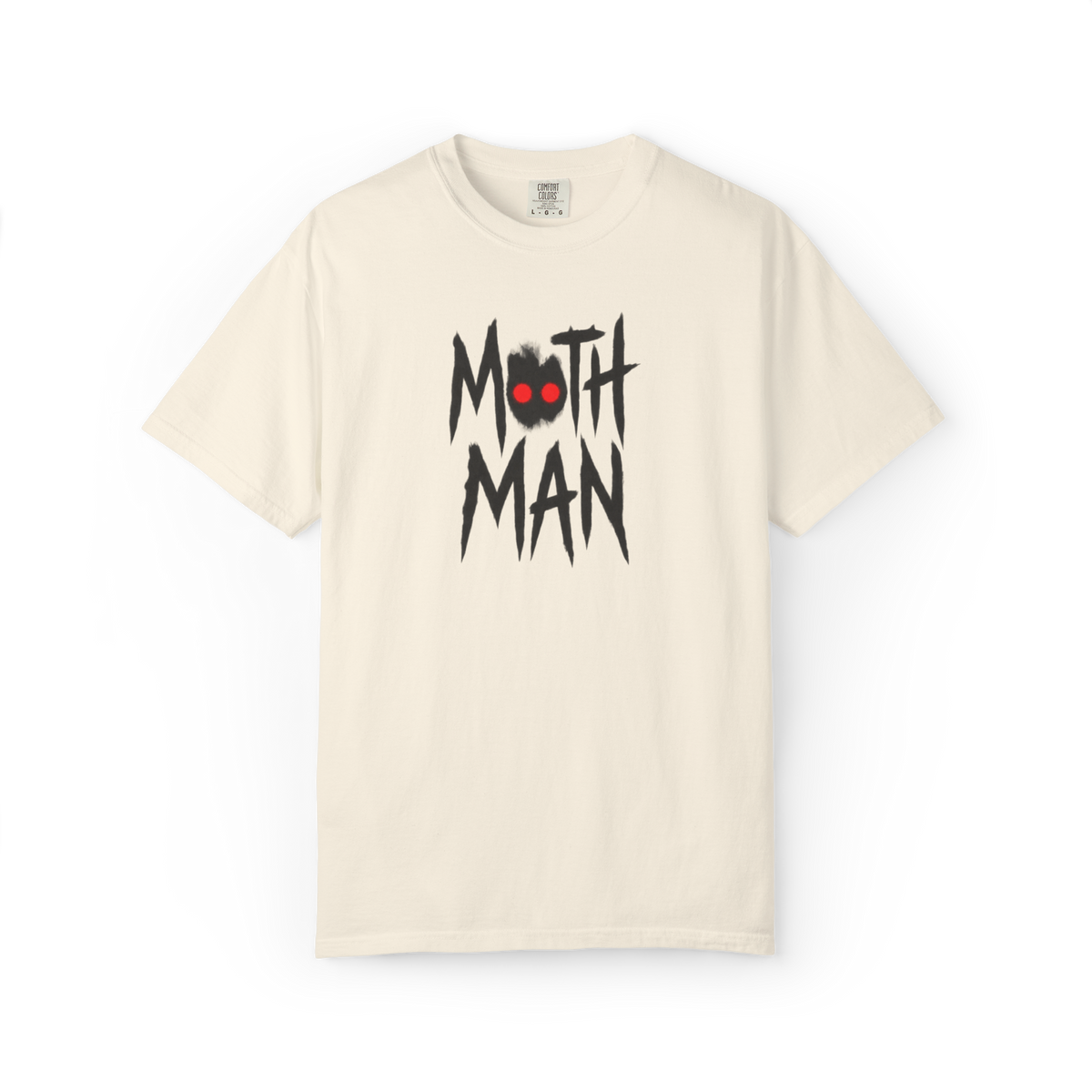 Cream Mothman t shirt with stacked black MOTH MAN lettering and red eyes inside the upper wordmark