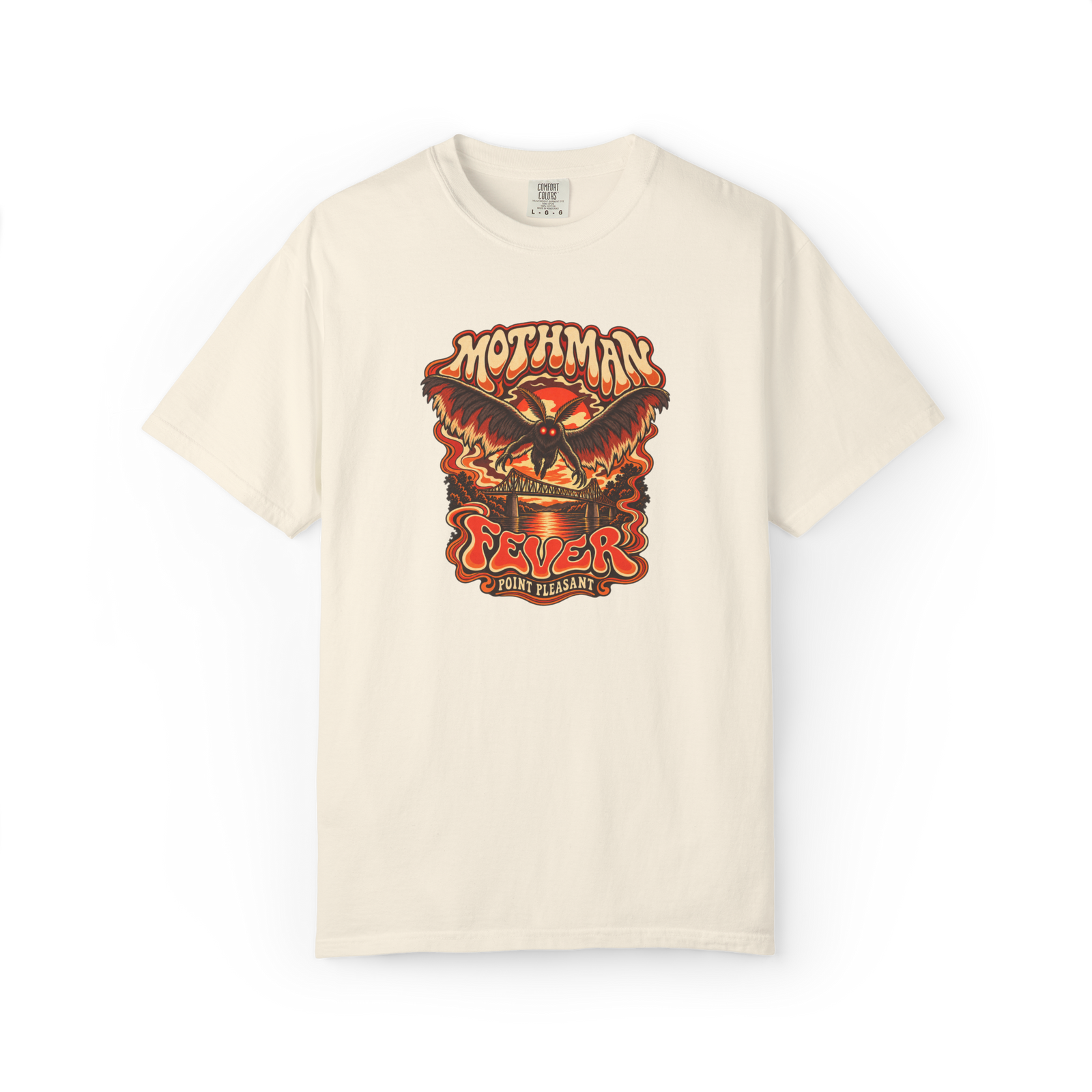 Ivory Mothman t shirt with retro orange Mothman Fever graphic, red-eyed winged cryptid, bridge, sunset, and Point Pleasant text