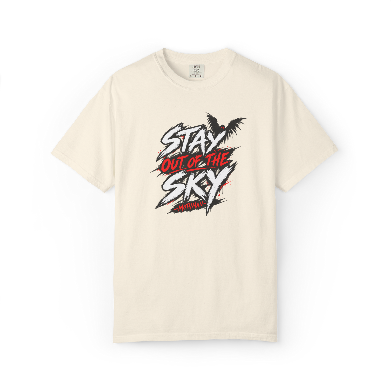 Ivory Mothman t shirt with black white and red Stay Out of the Sky lettering and a small red-eyed winged Mothman graphic