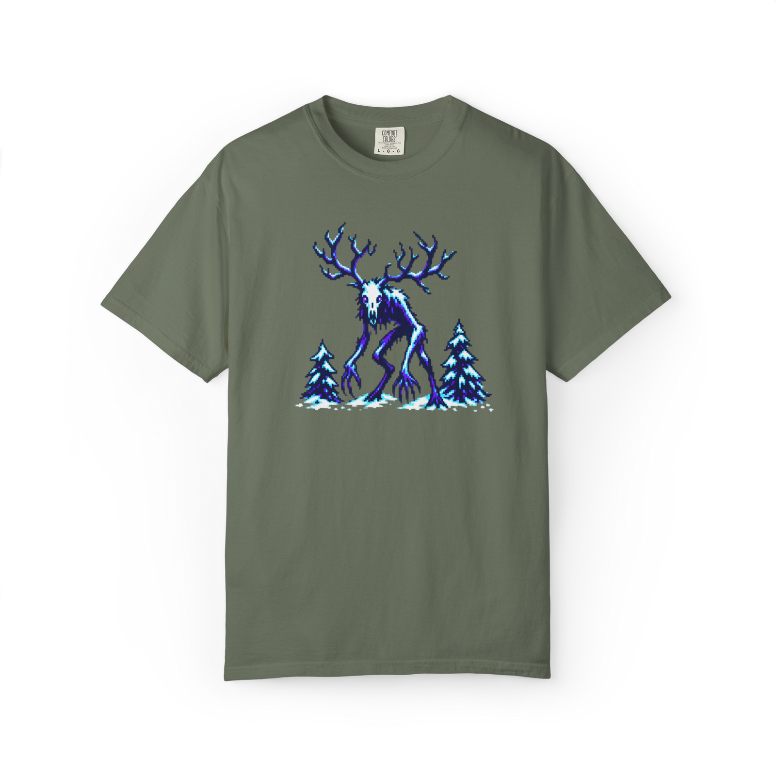 Sage green Wendigo t shirt with a retro pixel-art antlered Wendigo standing in snow between blue pine trees