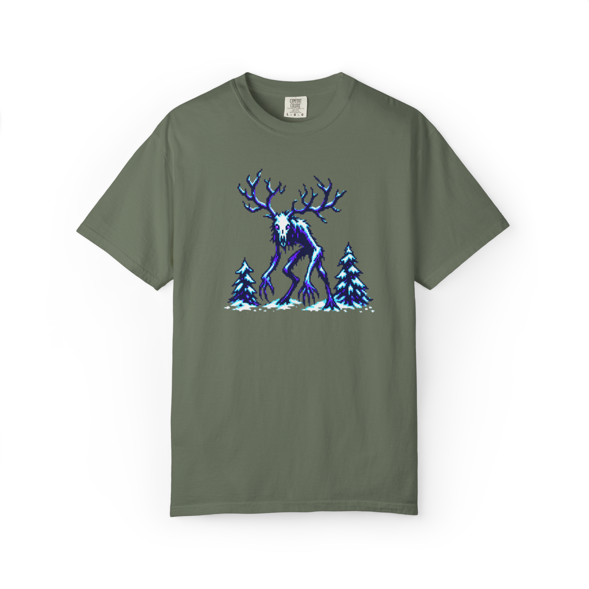 Sage green Wendigo t shirt with a retro pixel-art antlered Wendigo standing in snow between blue pine trees