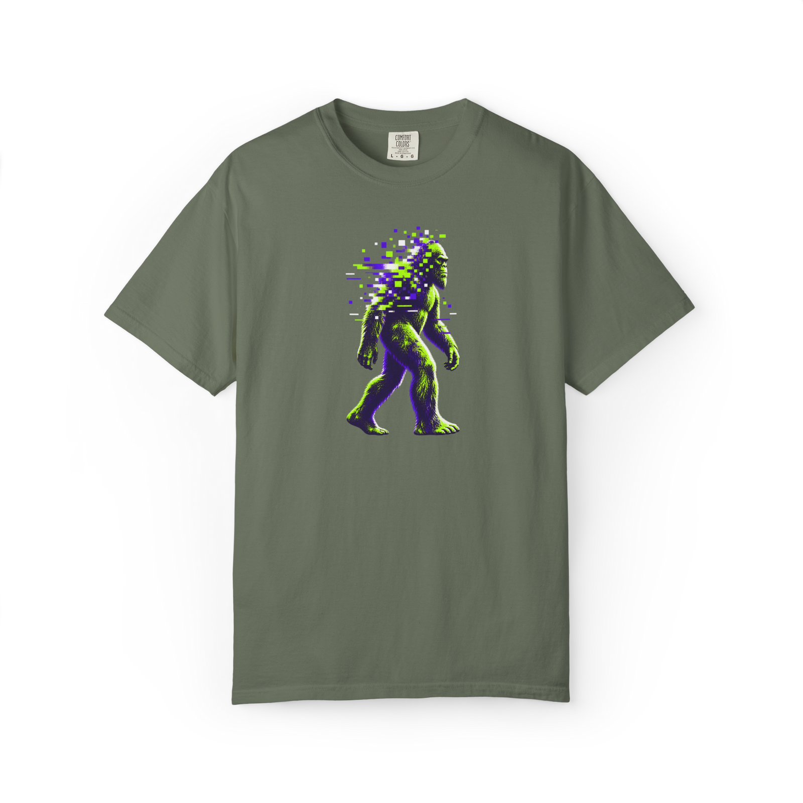 Moss green Bigfoot t shirt featuring a walking Sasquatch in neon green and purple with digital pixel glitch distortion