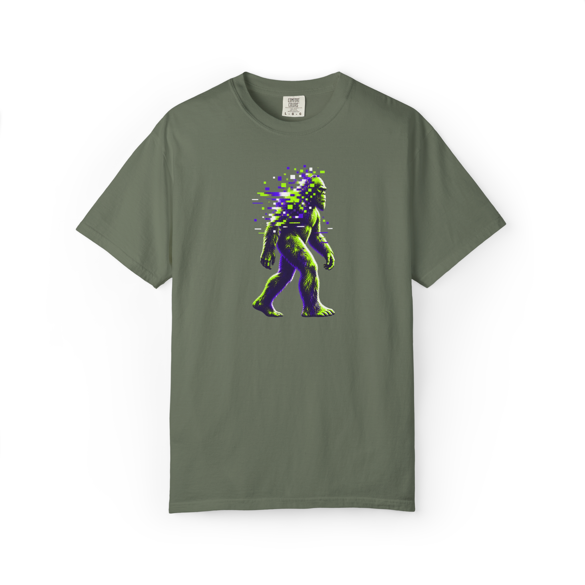 Moss green Bigfoot t shirt featuring a walking Sasquatch in neon green and purple with digital pixel glitch distortion