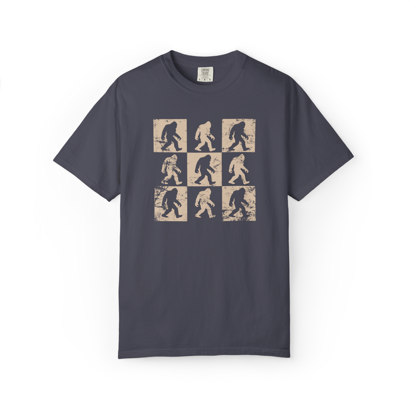 Retro Bigfoot walking pattern T-shirt with Sasquatch grid design