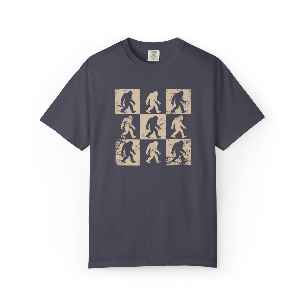 Retro Bigfoot walking pattern T-shirt with Sasquatch grid design