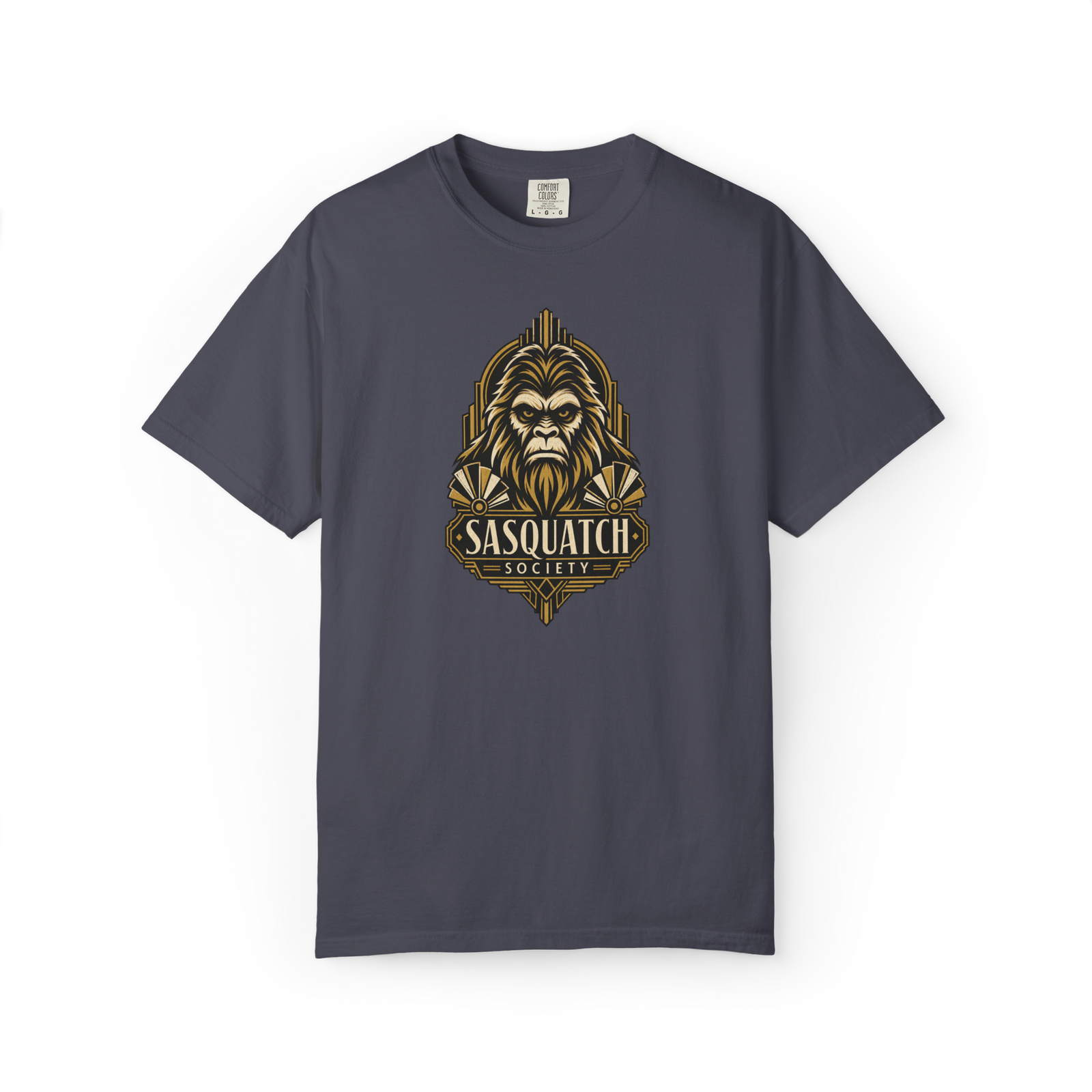 Dark navy Sasquatch shirt featuring a gold vintage Bigfoot portrait emblem with Sasquatch Society text