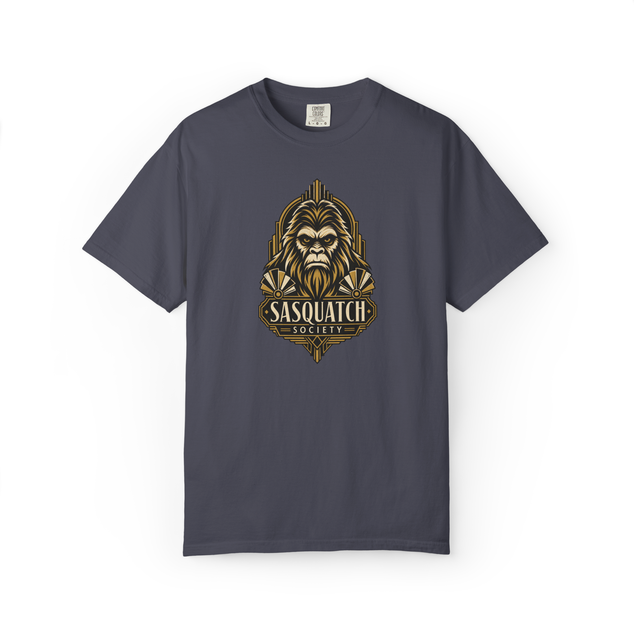 Dark navy Sasquatch shirt featuring a gold vintage Bigfoot portrait emblem with Sasquatch Society text