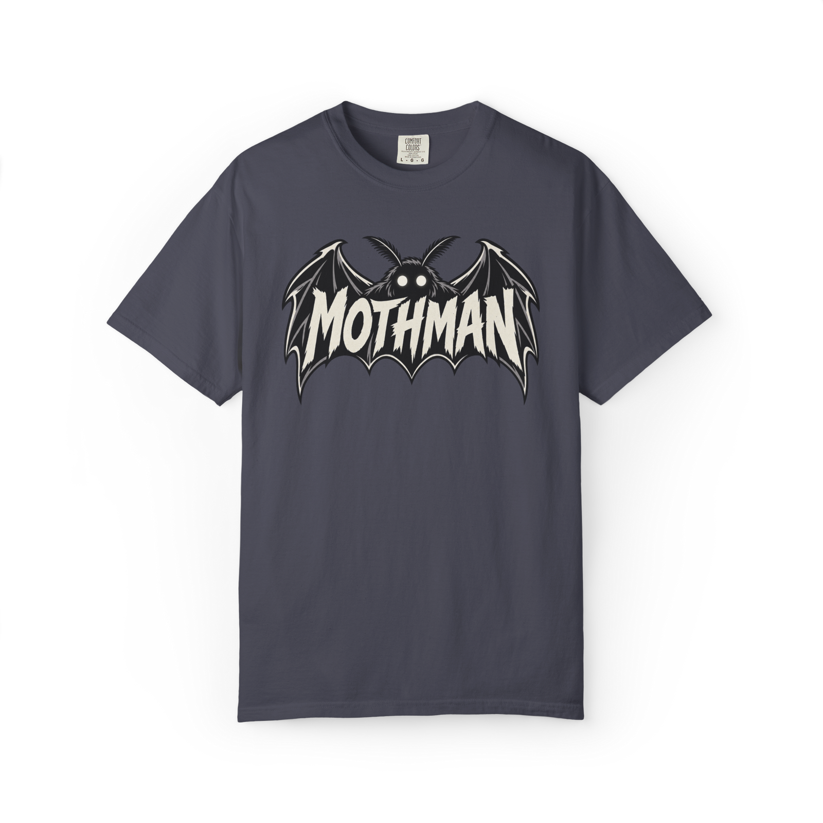 Mothman wing logo T-shirt with glowing eyes and black cryptid wings