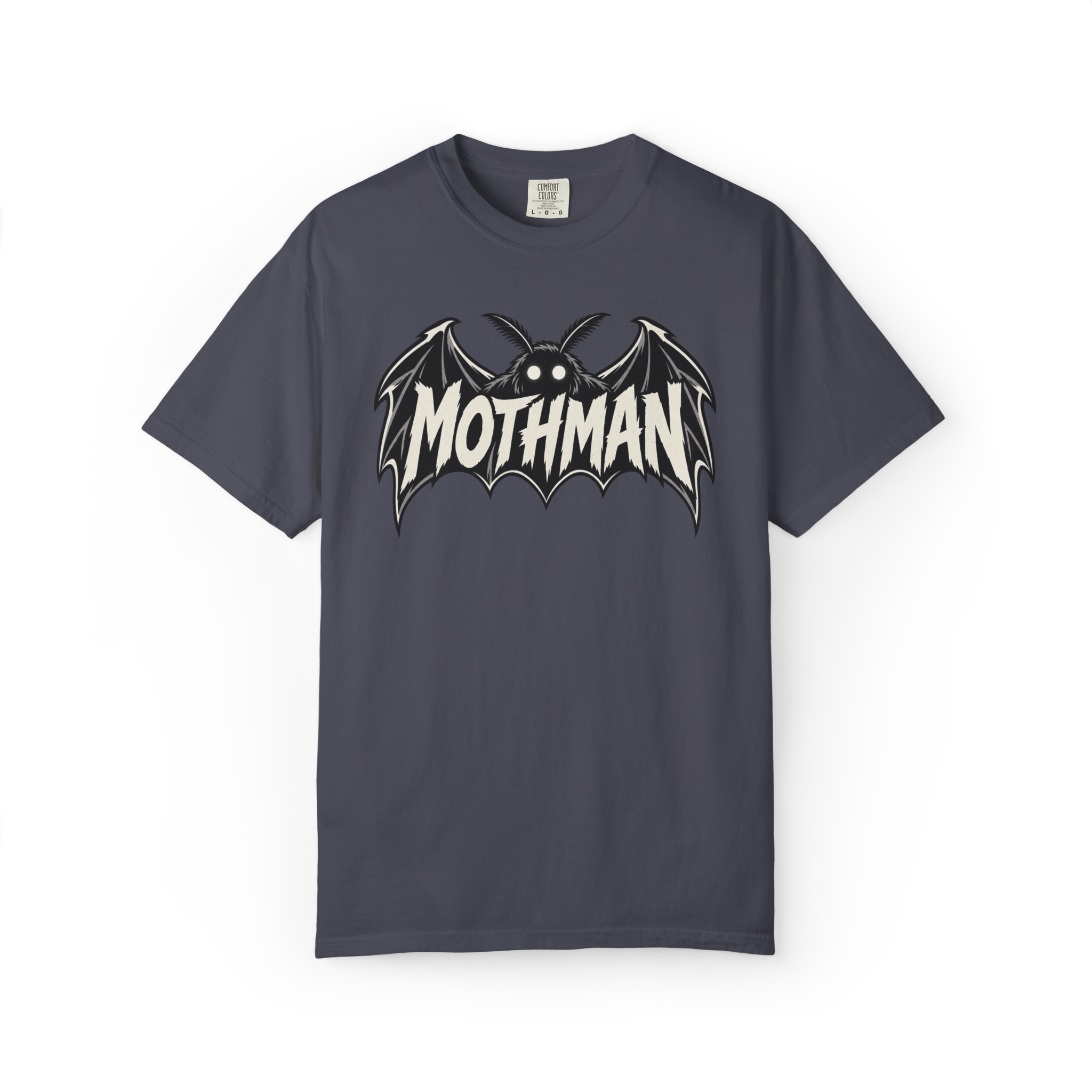 Mothman wing logo T-shirt with glowing eyes and black cryptid wings
