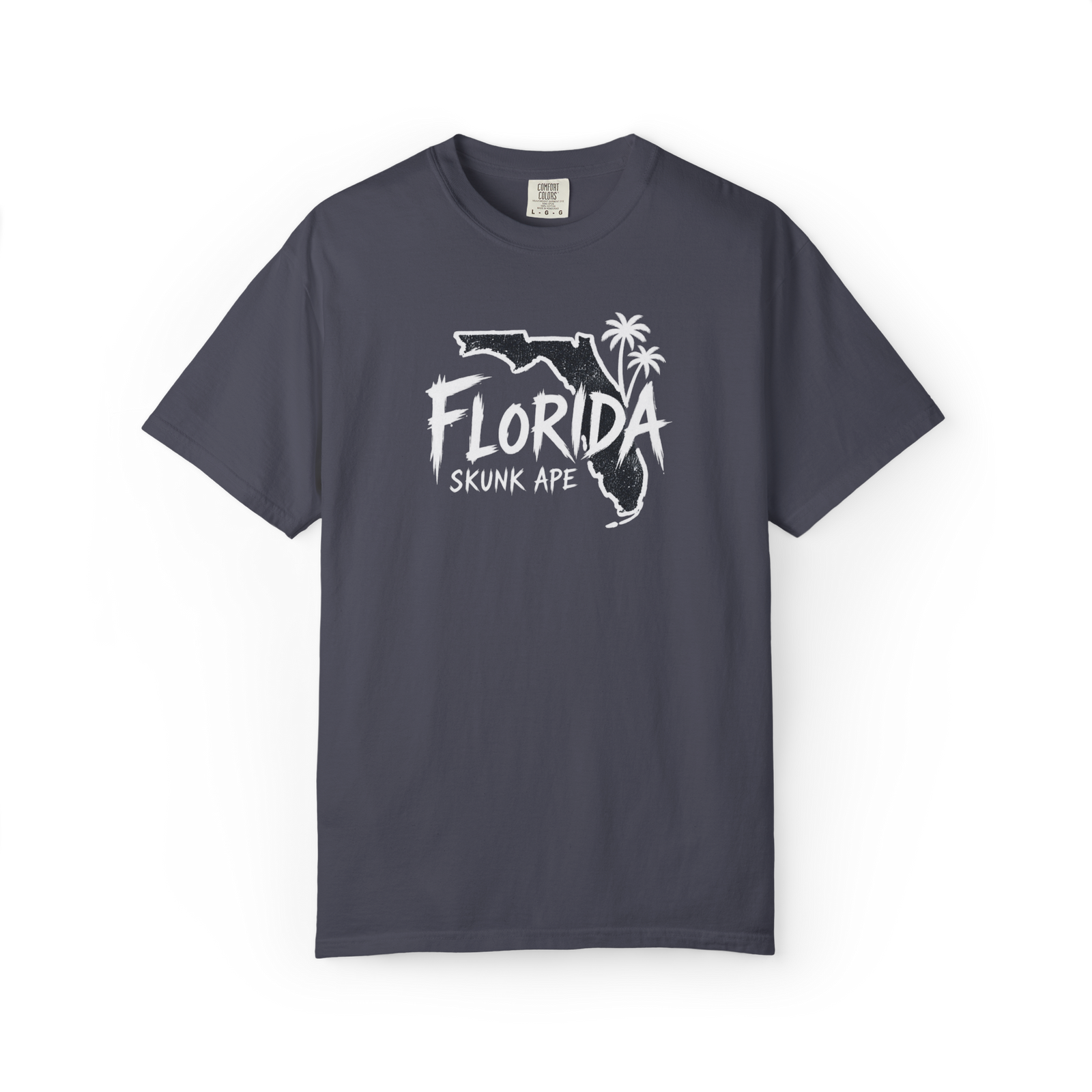Dark blue Florida Skunk Ape t shirt with distressed white Florida outline, palm trees, and Florida Skunk Ape text