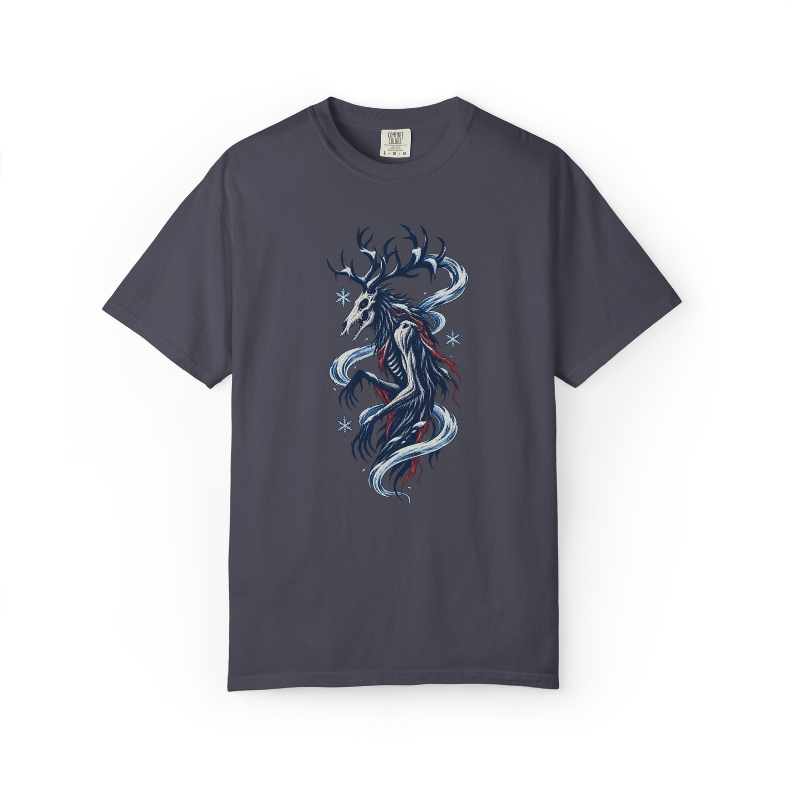 Navy Wendigo t shirt with an antlered skeletal creature, icy blue swirling winds, snowflakes, and red rib details