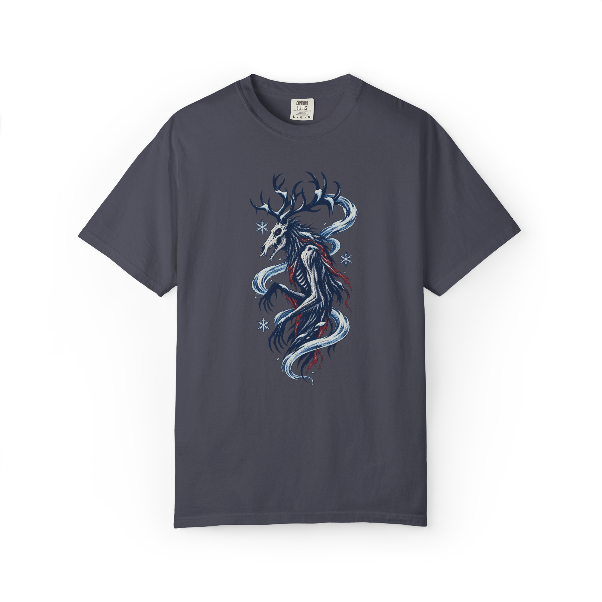 Navy Wendigo t shirt with an antlered skeletal creature, icy blue swirling winds, snowflakes, and red rib details