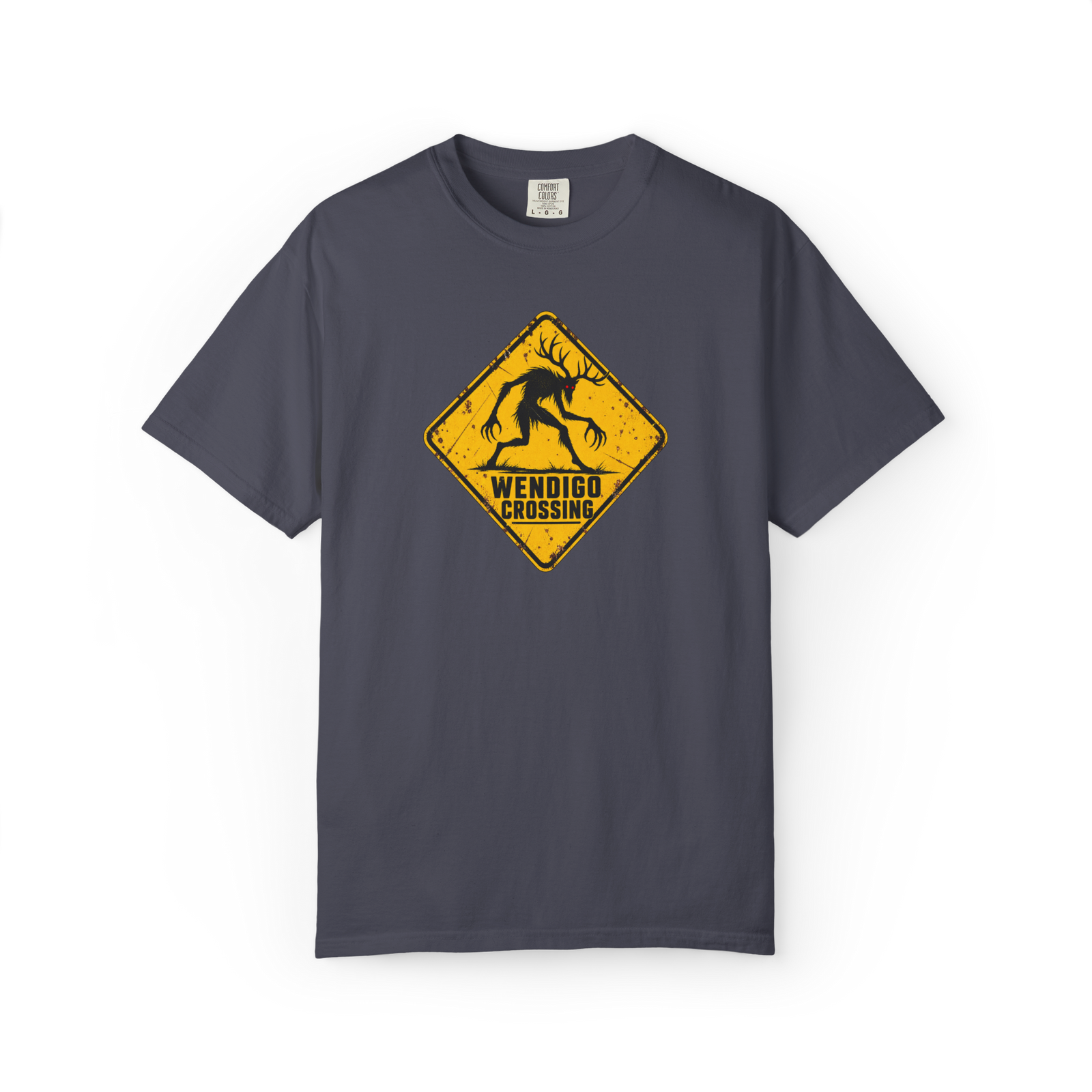 Dark gray Wendigo t shirt with distressed yellow warning sign, antlered creature silhouette, red eyes, and Wendigo Crossing text
