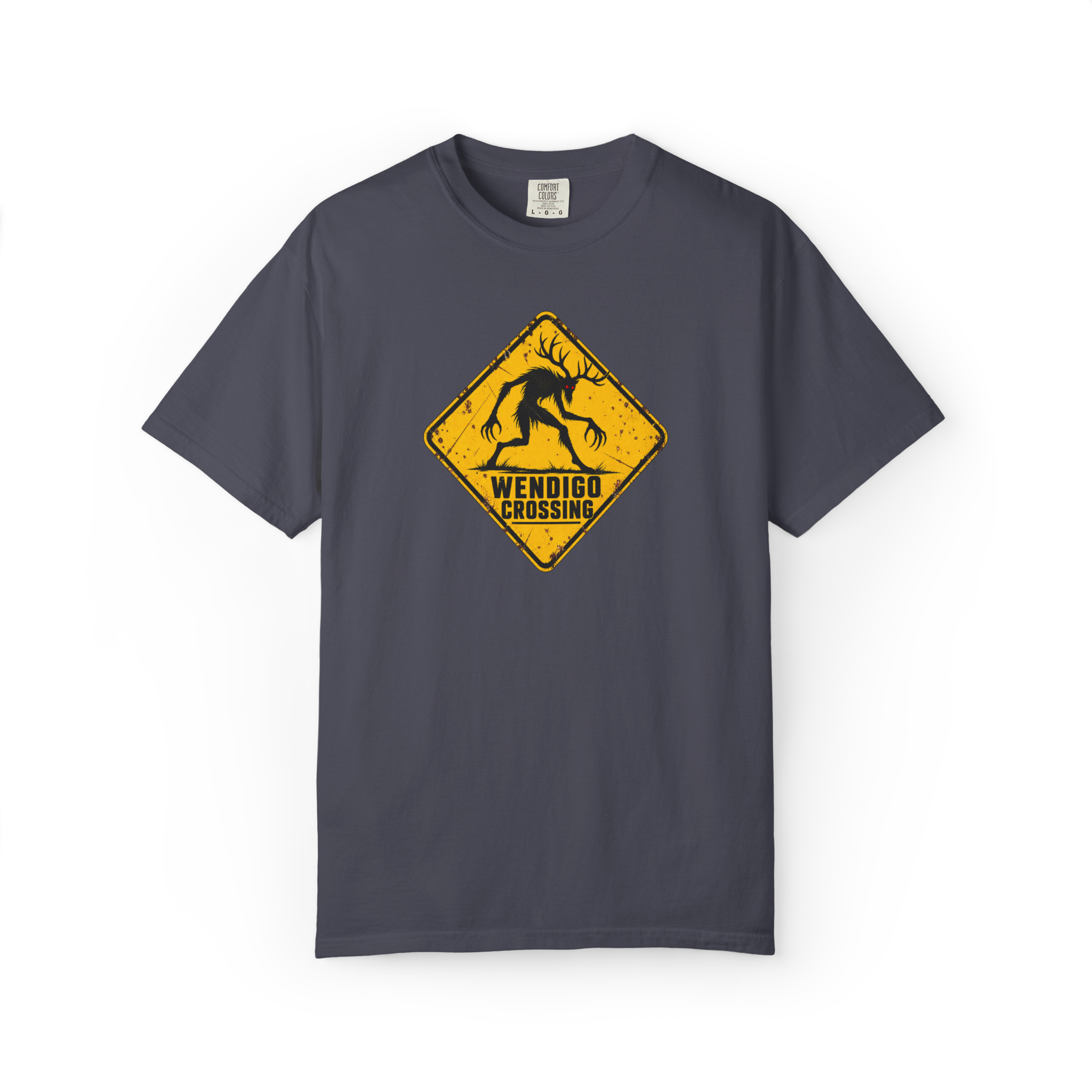 Dark gray Wendigo t shirt with distressed yellow warning sign, antlered creature silhouette, red eyes, and Wendigo Crossing text