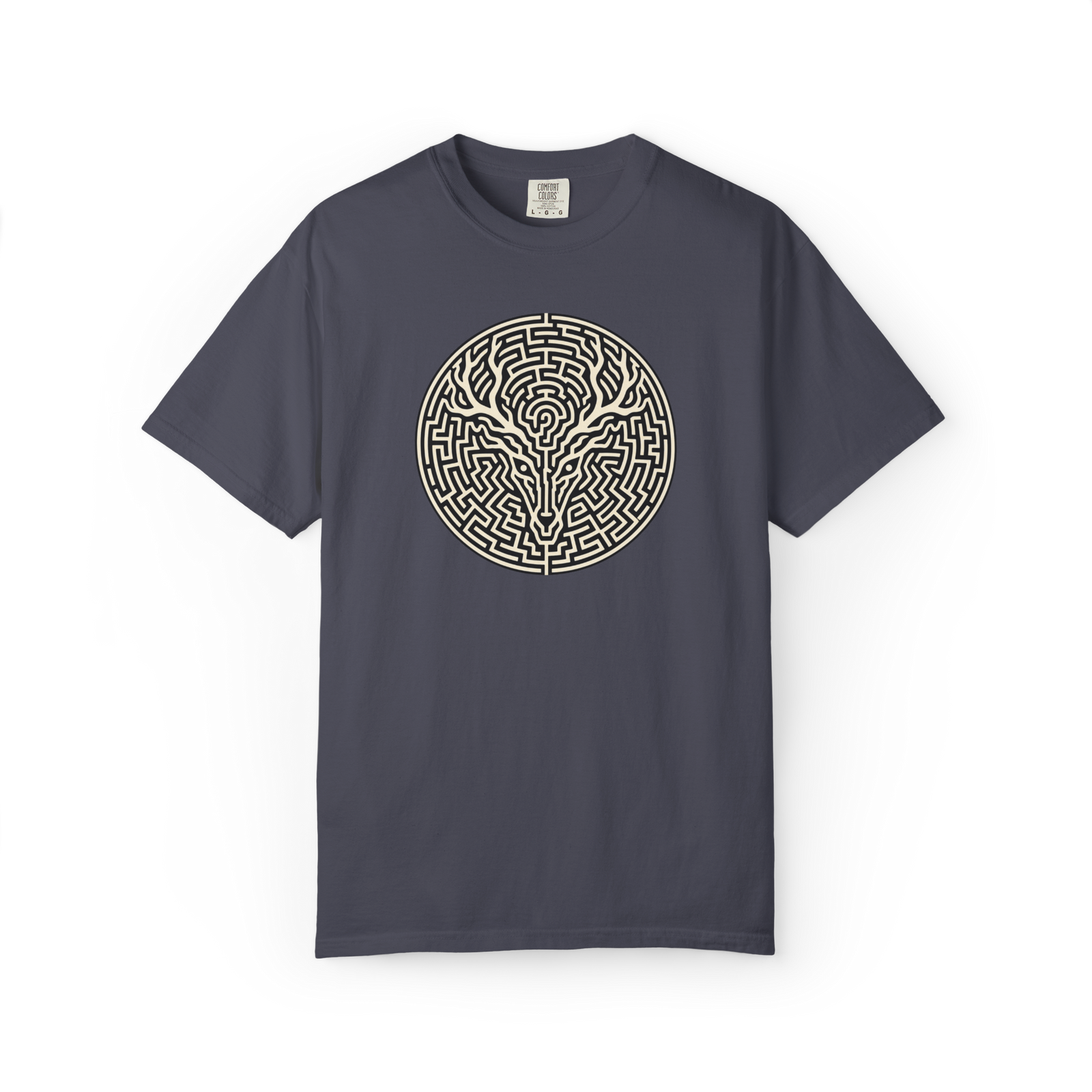 Dark gray Wendigo t shirt with a circular cream labyrinth forming an antlered cryptid face in the center