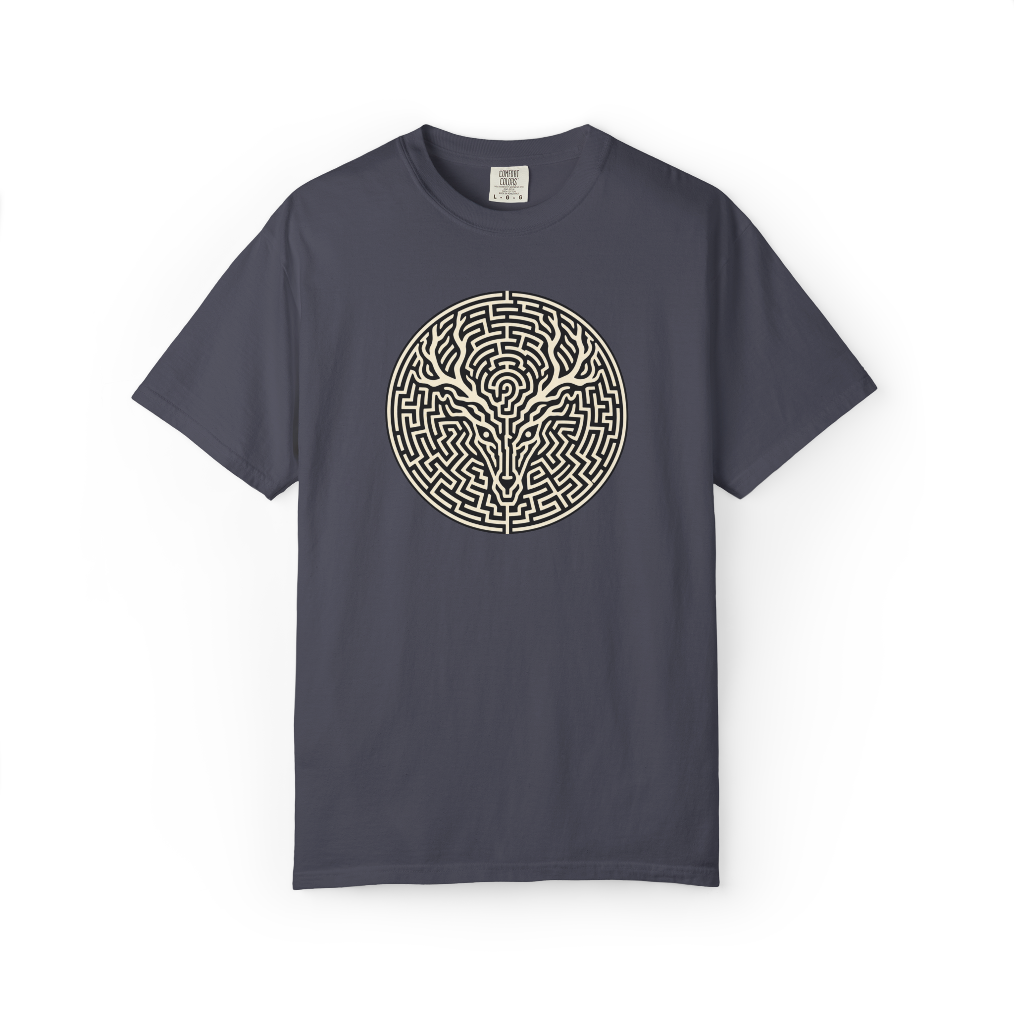 Dark gray Wendigo t shirt with a circular cream labyrinth forming an antlered cryptid face in the center