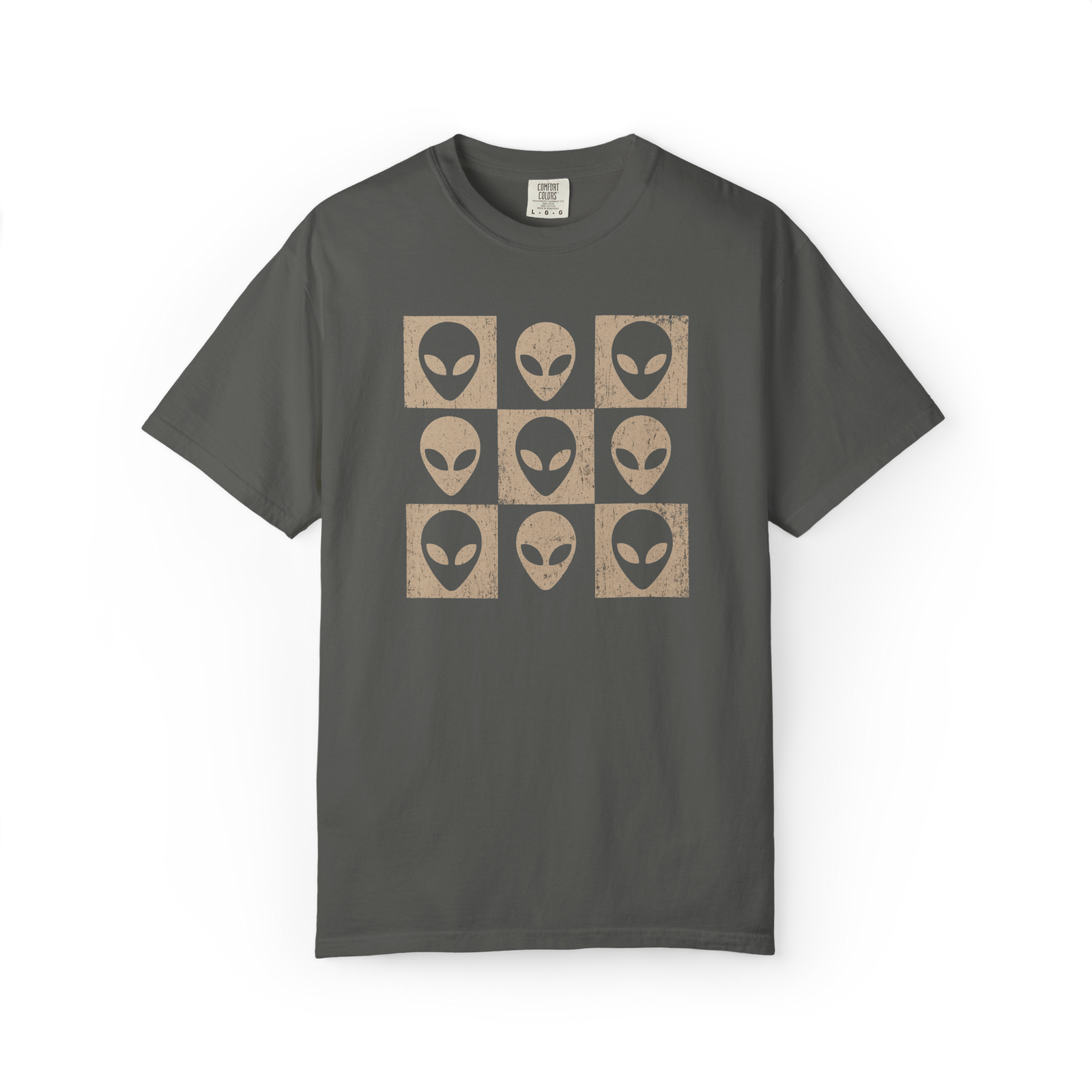 Retro alien face grid T-shirt with nine extraterrestrial portraits
