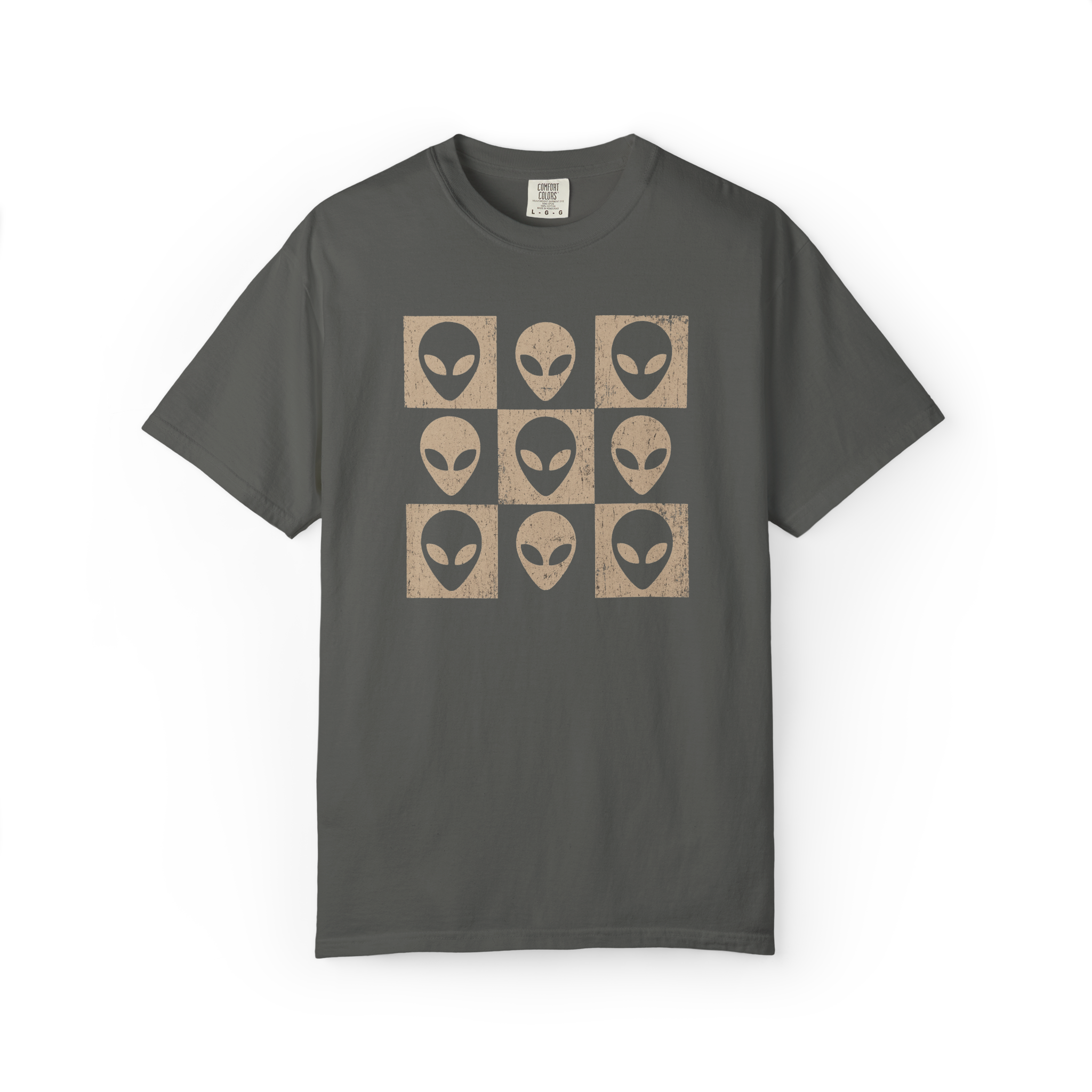 Retro alien face grid T-shirt with nine extraterrestrial portraits