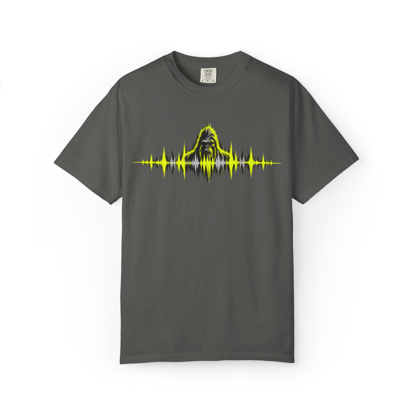 Pepper Bigfoot t shirt featuring a Sasquatch face emerging from a neon yellow audio soundwave graphic