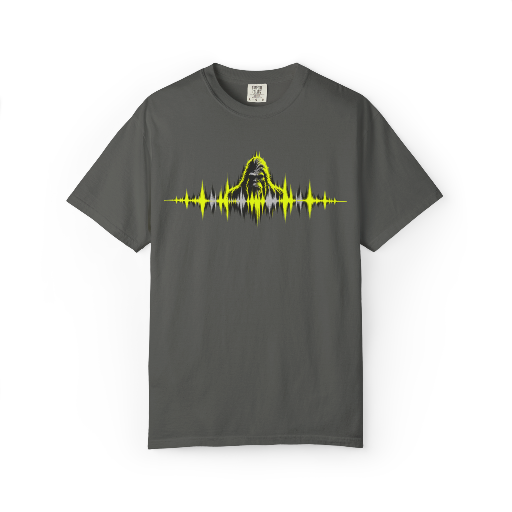 Pepper Bigfoot t shirt featuring a Sasquatch face emerging from a neon yellow audio soundwave graphic