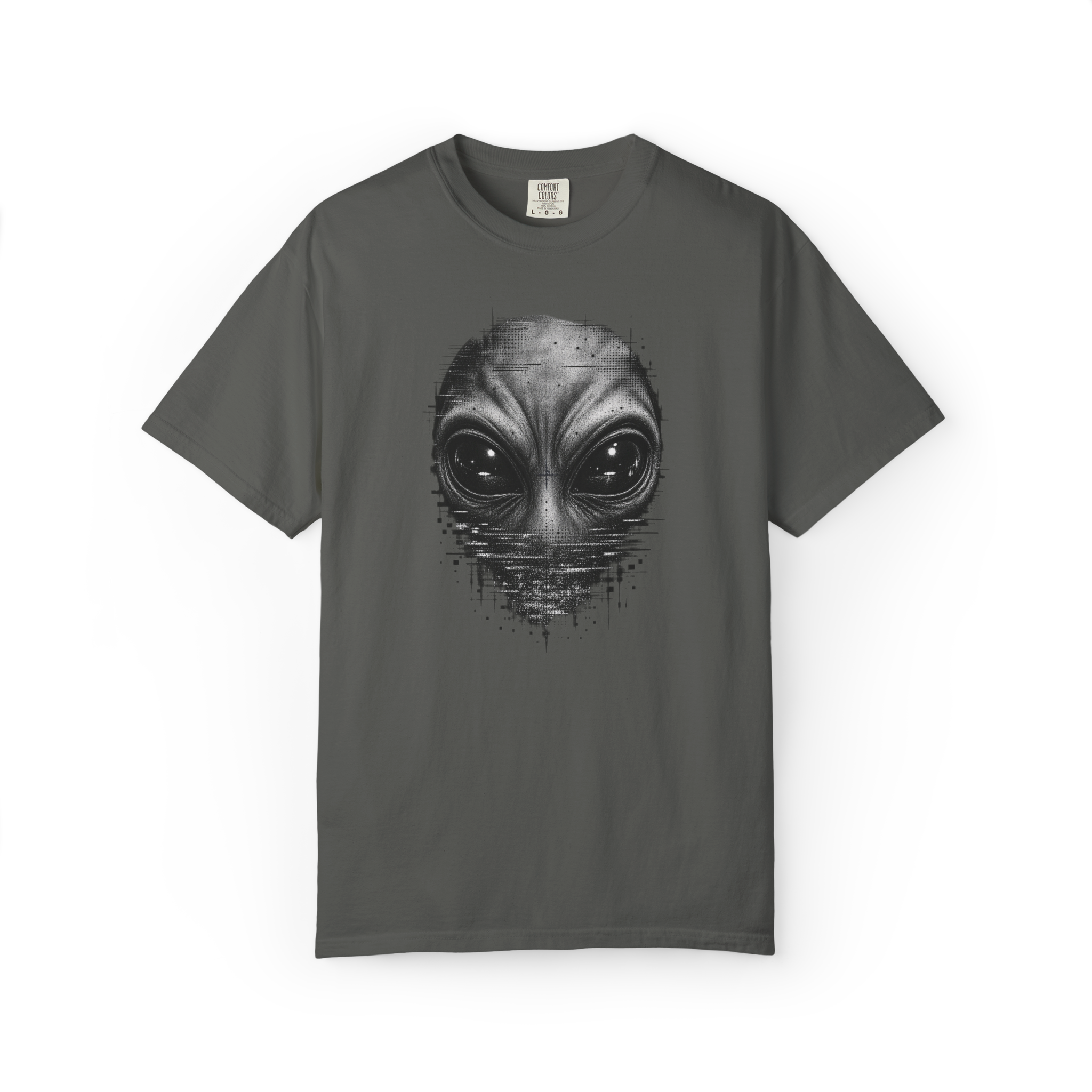 Pepper alien t shirt featuring a detailed black and gray grey alien face with large black eyes and digital glitch distortion