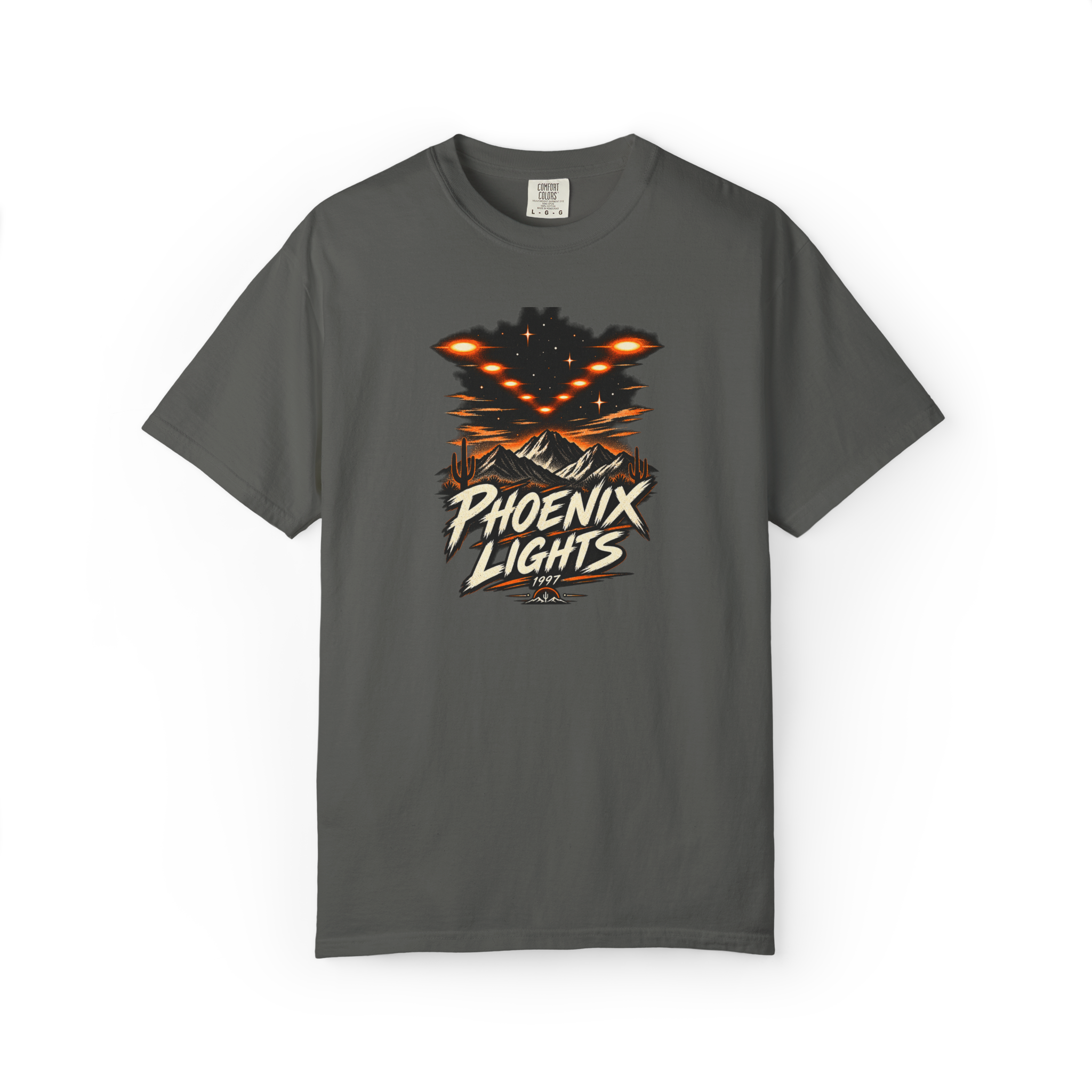 Gray Phoenix Lights 1997 shirt with glowing V-shaped UFO lights over desert mountains