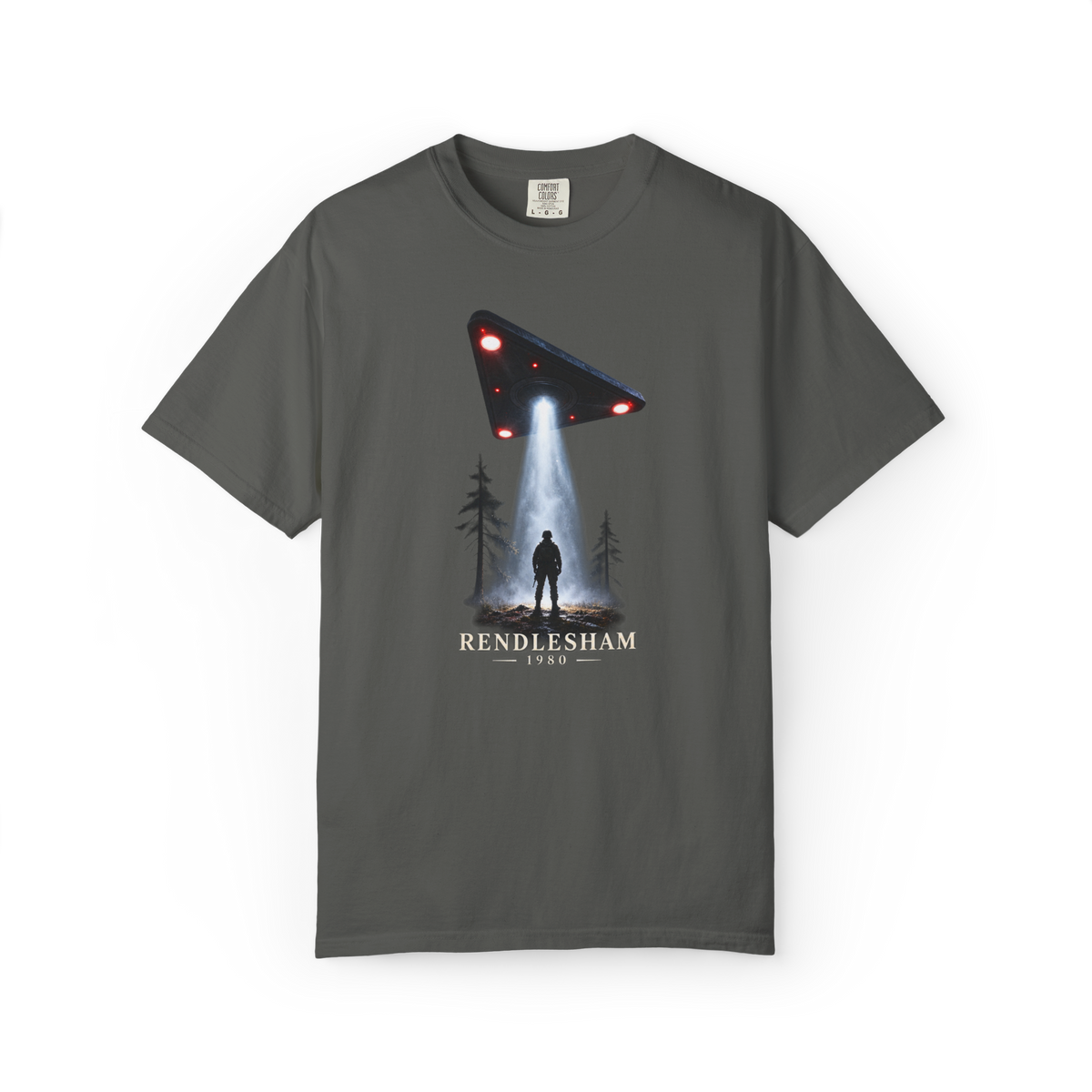 Dark gray Rendlesham Forest UFO shirt featuring a triangular craft shining a bright beam onto a lone figure in the woods with Rendlesham 1980 text