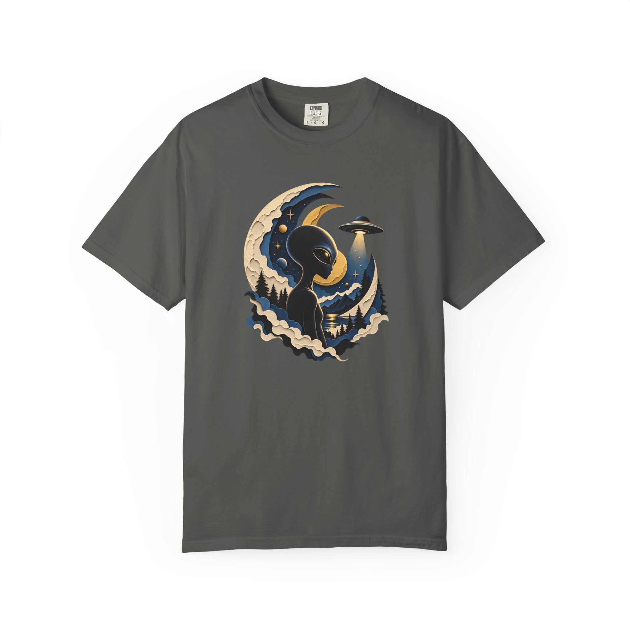 Dark gray alien shirt featuring an extraterrestrial surrounded by crescent moons, stars, mountains, pine trees, and a hovering UFO