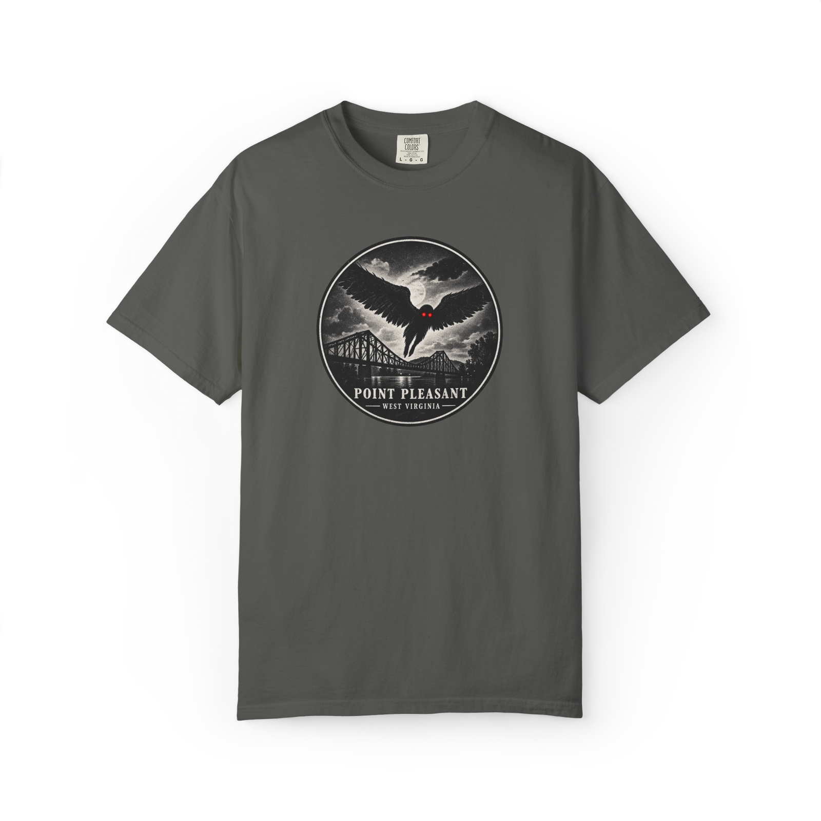 Gray Mothman shirt with circular Point Pleasant West Virginia design featuring a winged red-eyed cryptid flying above a bridge