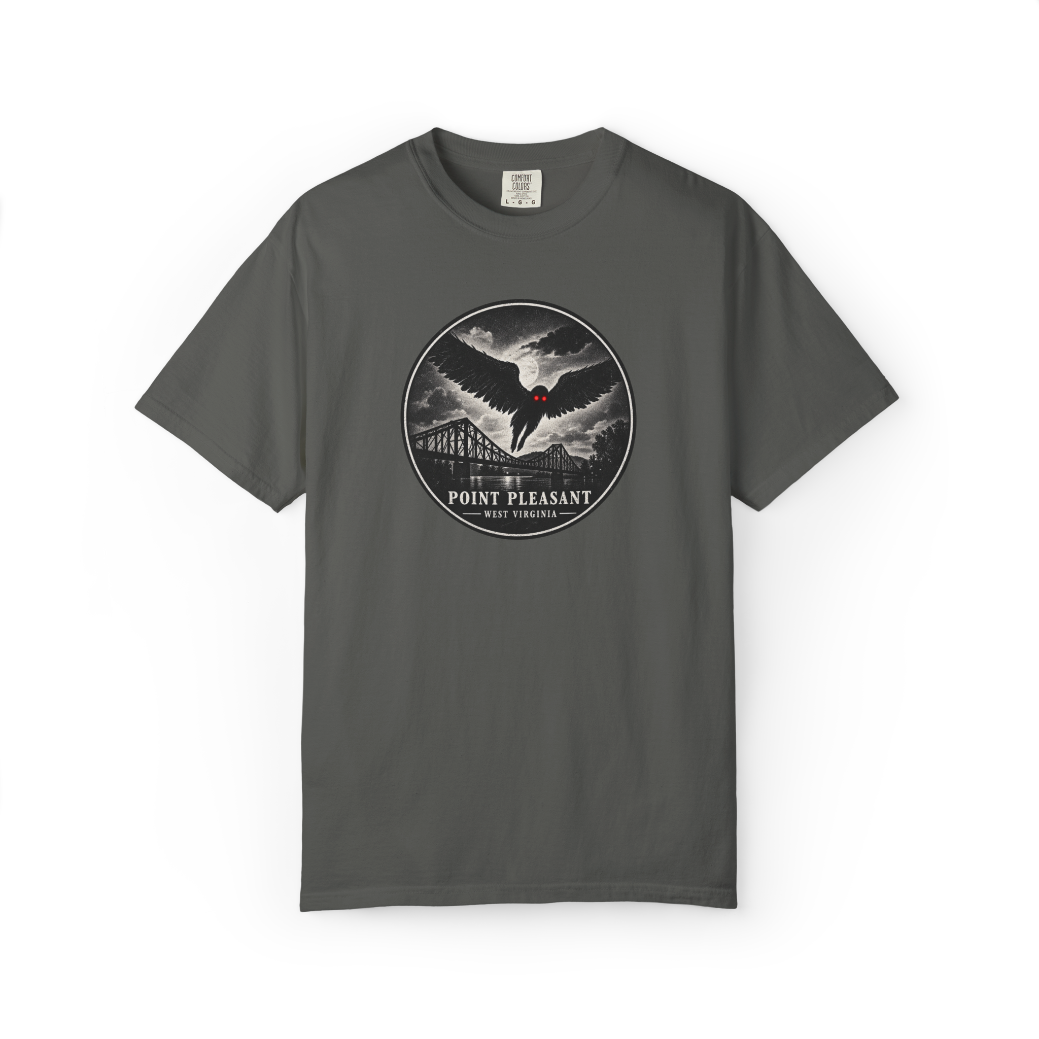 Gray Mothman shirt with circular Point Pleasant West Virginia design featuring a winged red-eyed cryptid flying above a bridge
